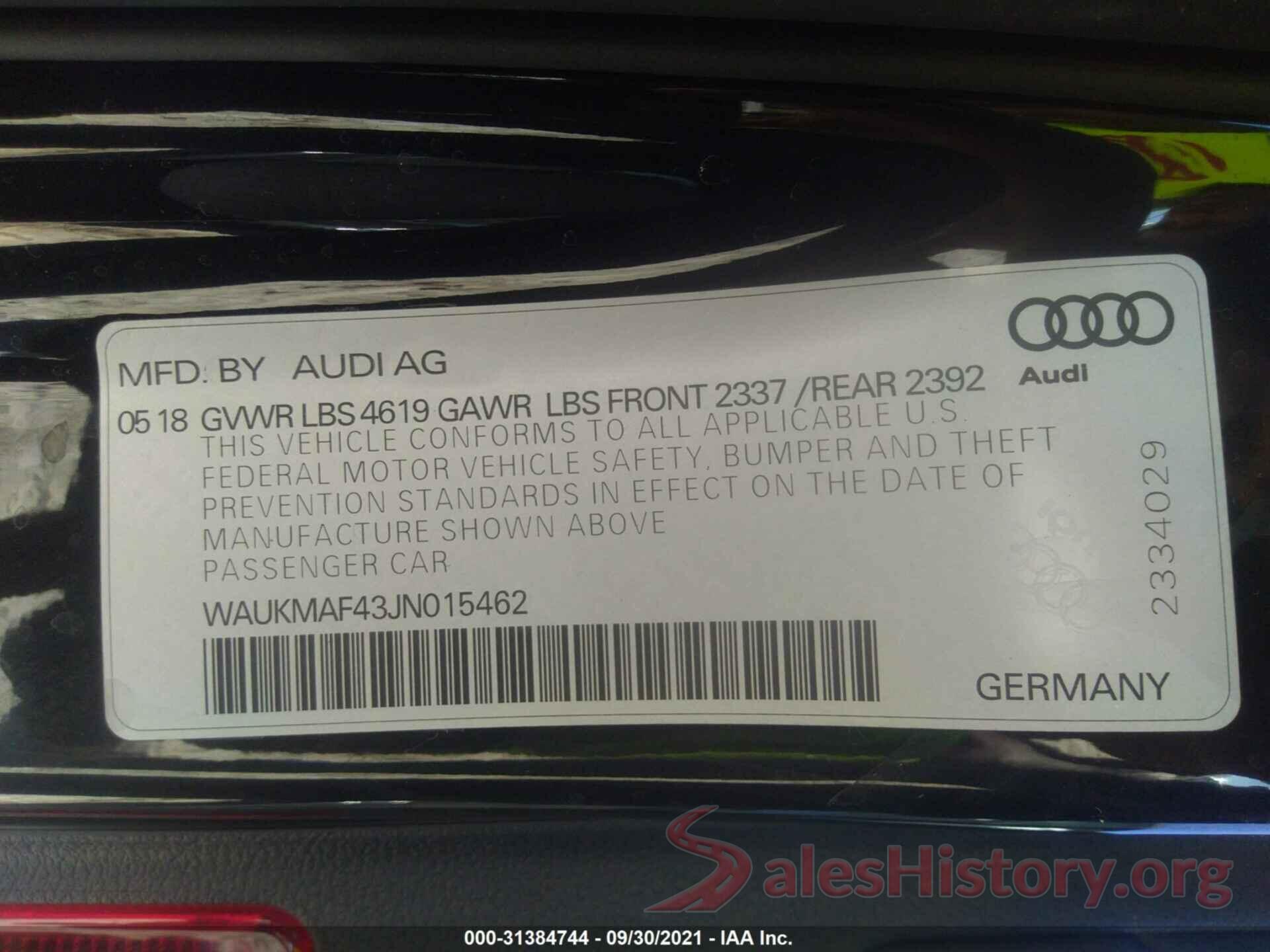 WAUKMAF43JN015462 2018 AUDI A4