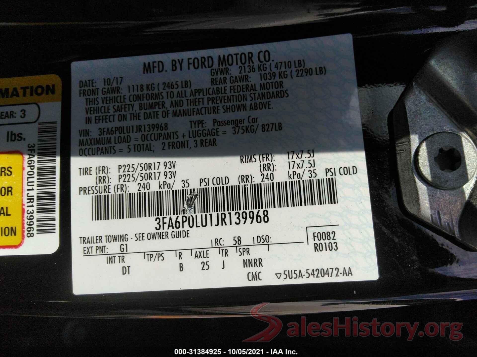 3FA6P0LU1JR139968 2018 FORD FUSION HYBRID