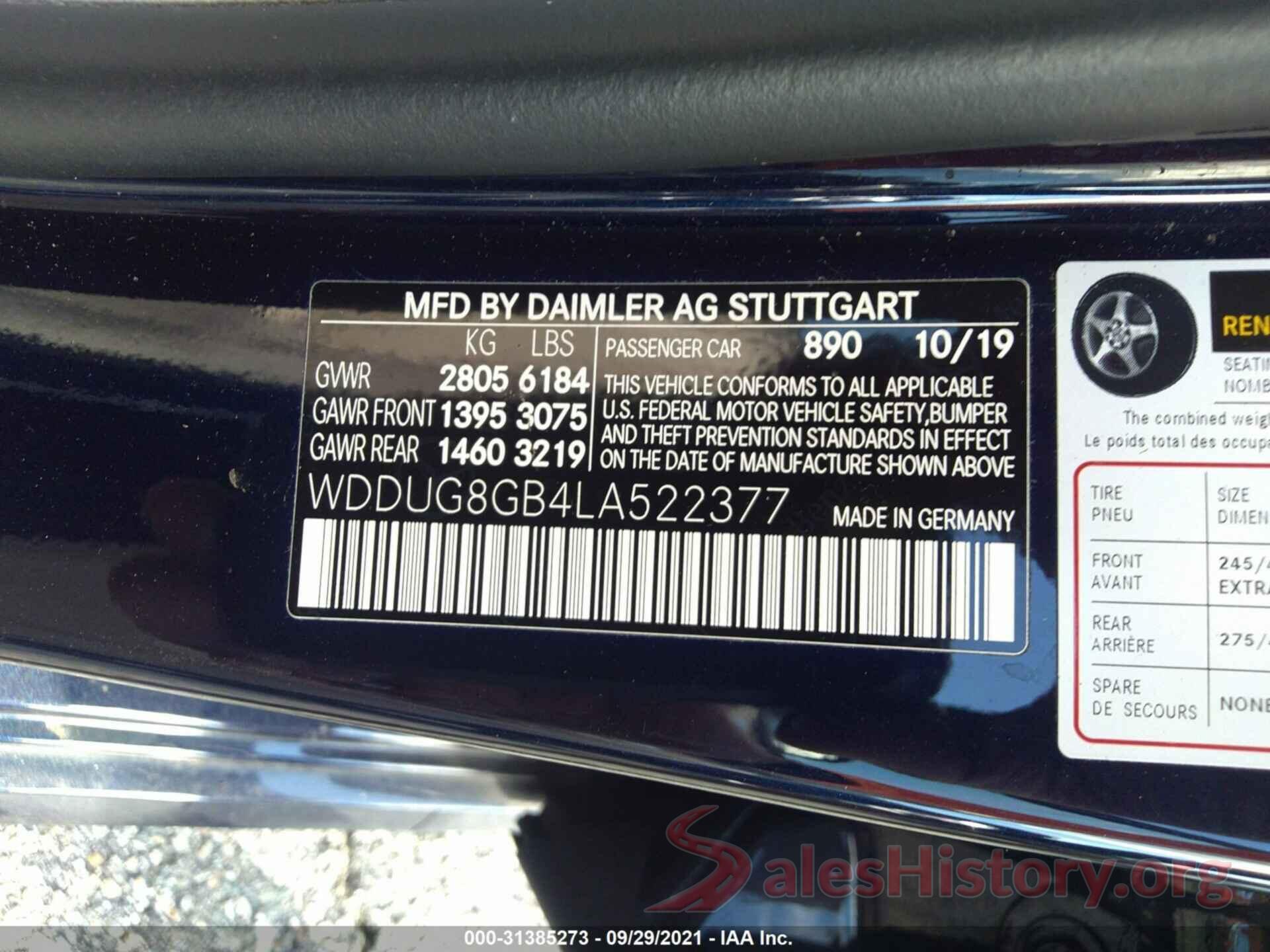 WDDUG8GB4LA522377 2020 MERCEDES-BENZ S-CLASS