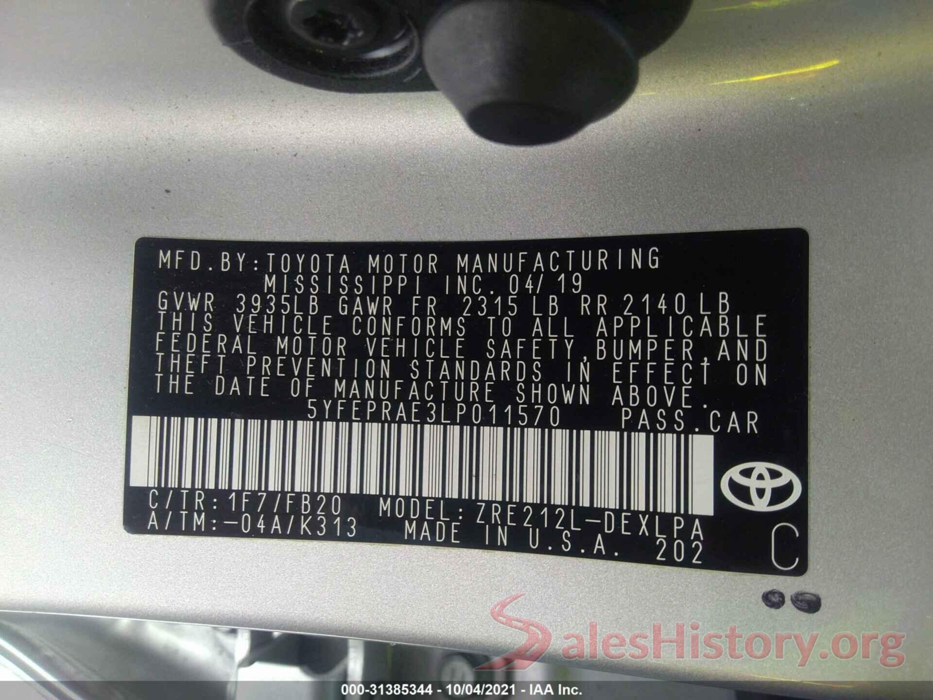 5YFEPRAE3LP011570 2020 TOYOTA COROLLA