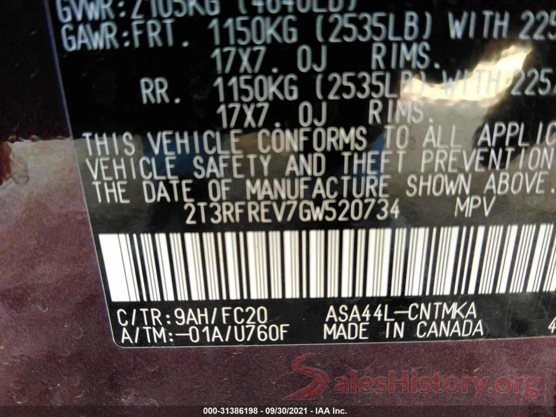 2T3RFREV7GW520734 2016 TOYOTA RAV4