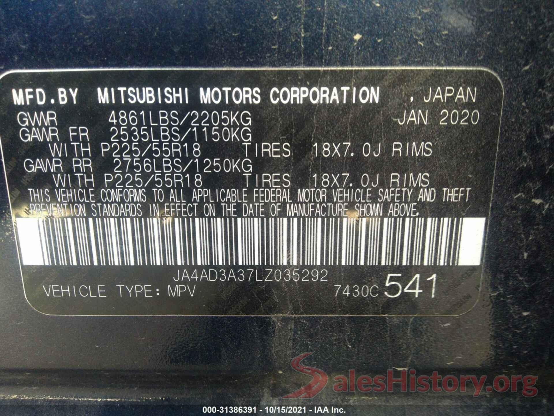 JA4AD3A37LZ035292 2020 MITSUBISHI OUTLANDER