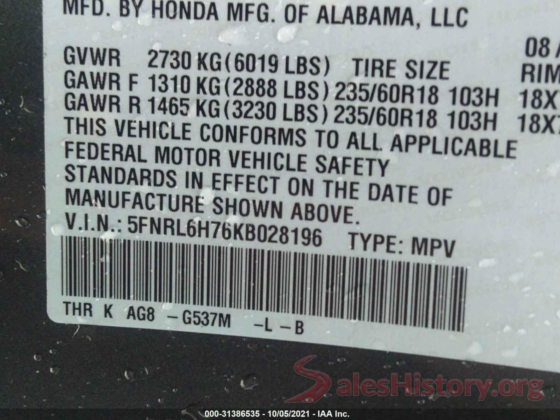 5FNRL6H76KB028196 2019 HONDA ODYSSEY