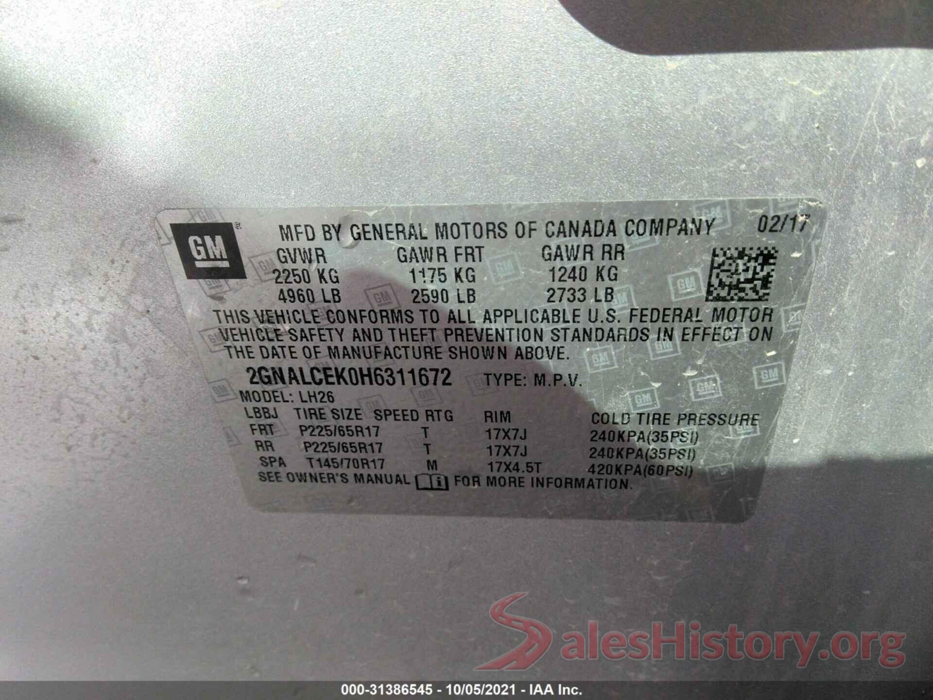 2GNALCEK0H6311672 2017 CHEVROLET EQUINOX