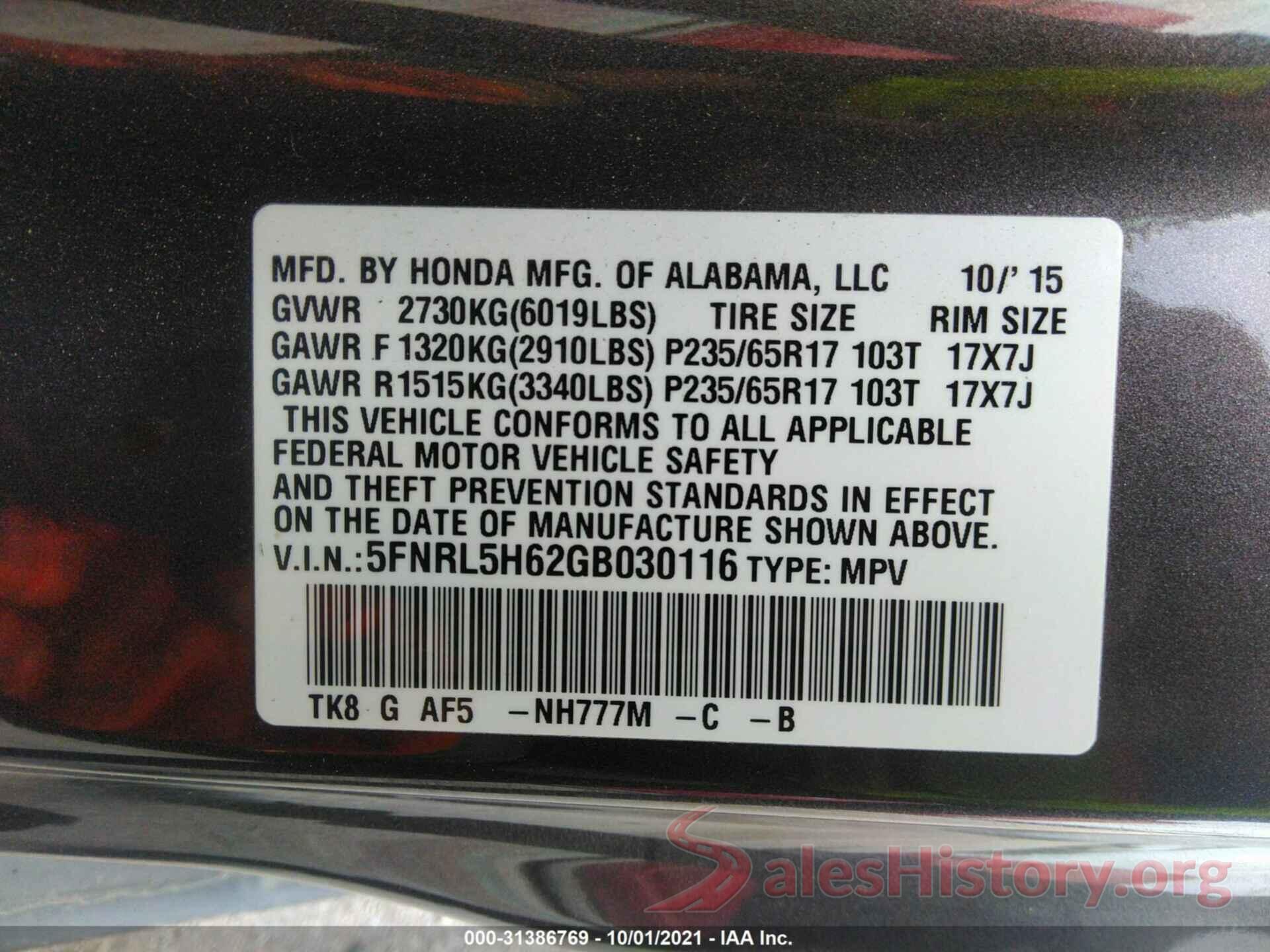 5FNRL5H62GB030116 2016 HONDA ODYSSEY