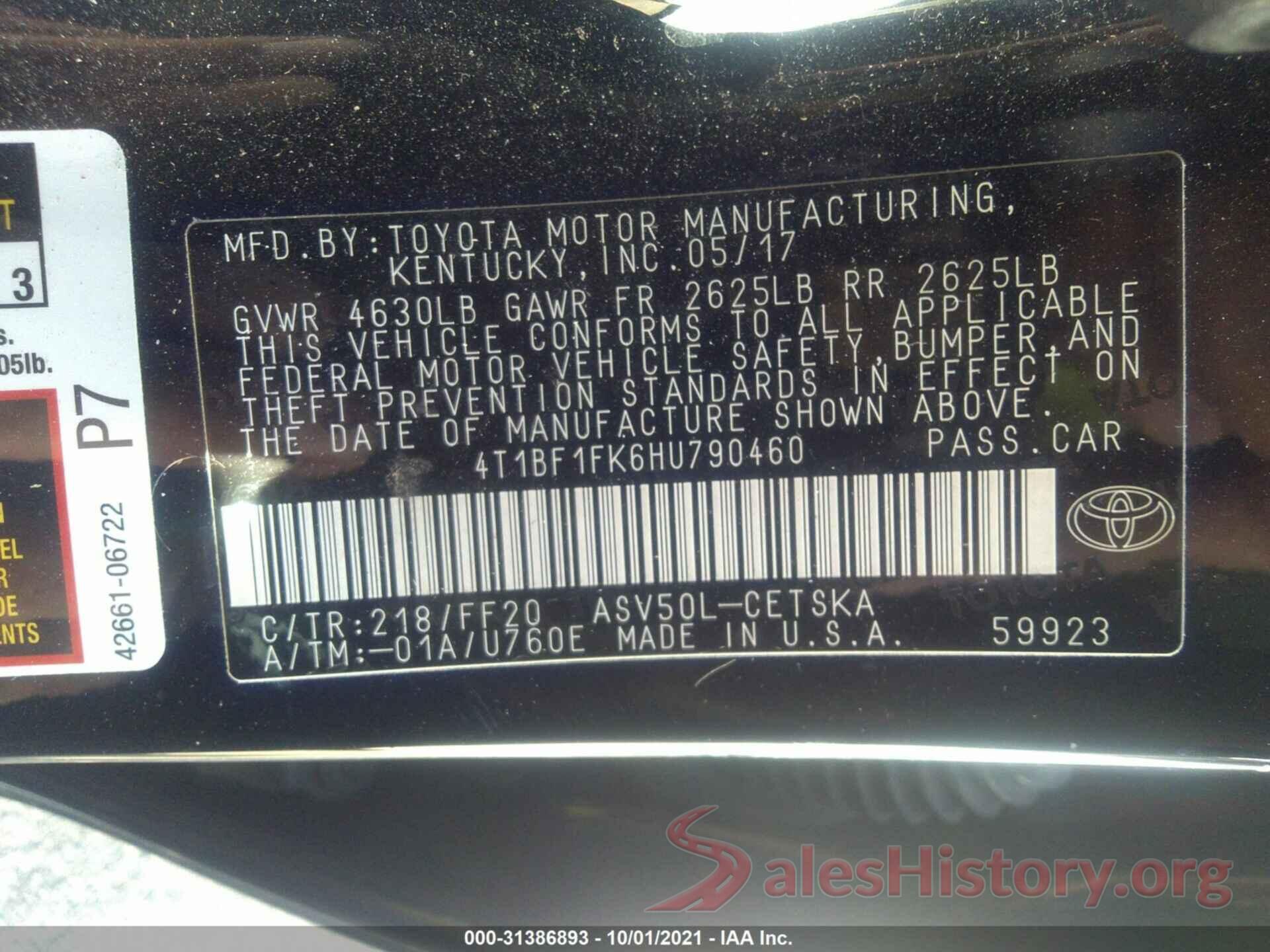 4T1BF1FK6HU790460 2017 TOYOTA CAMRY