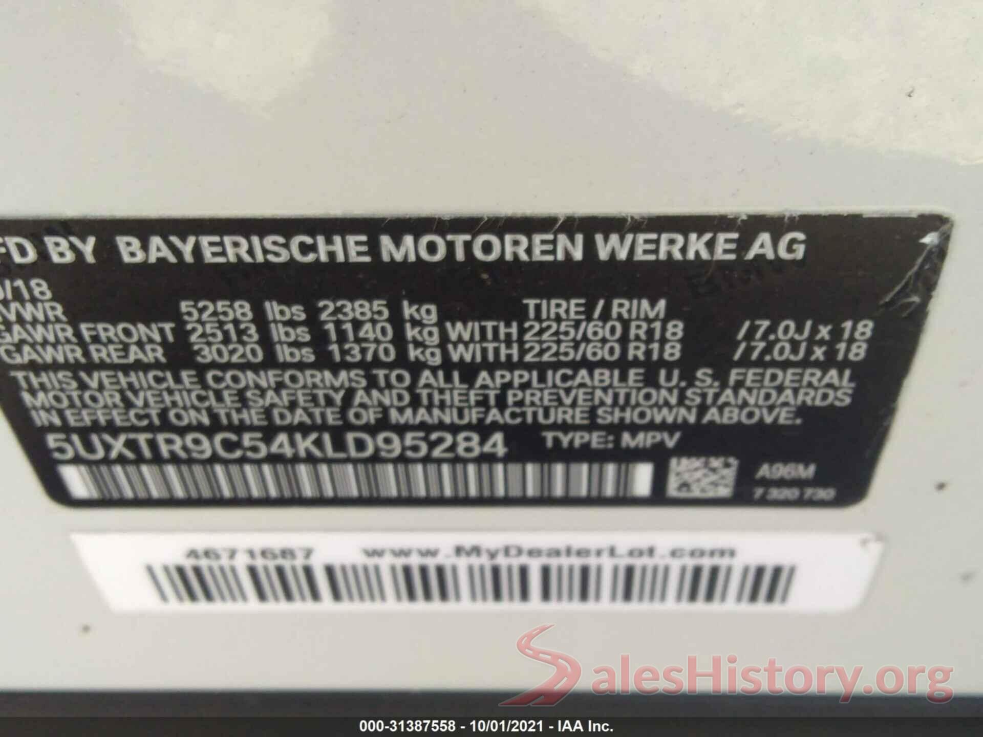 5UXTR9C54KLD95284 2019 BMW X3