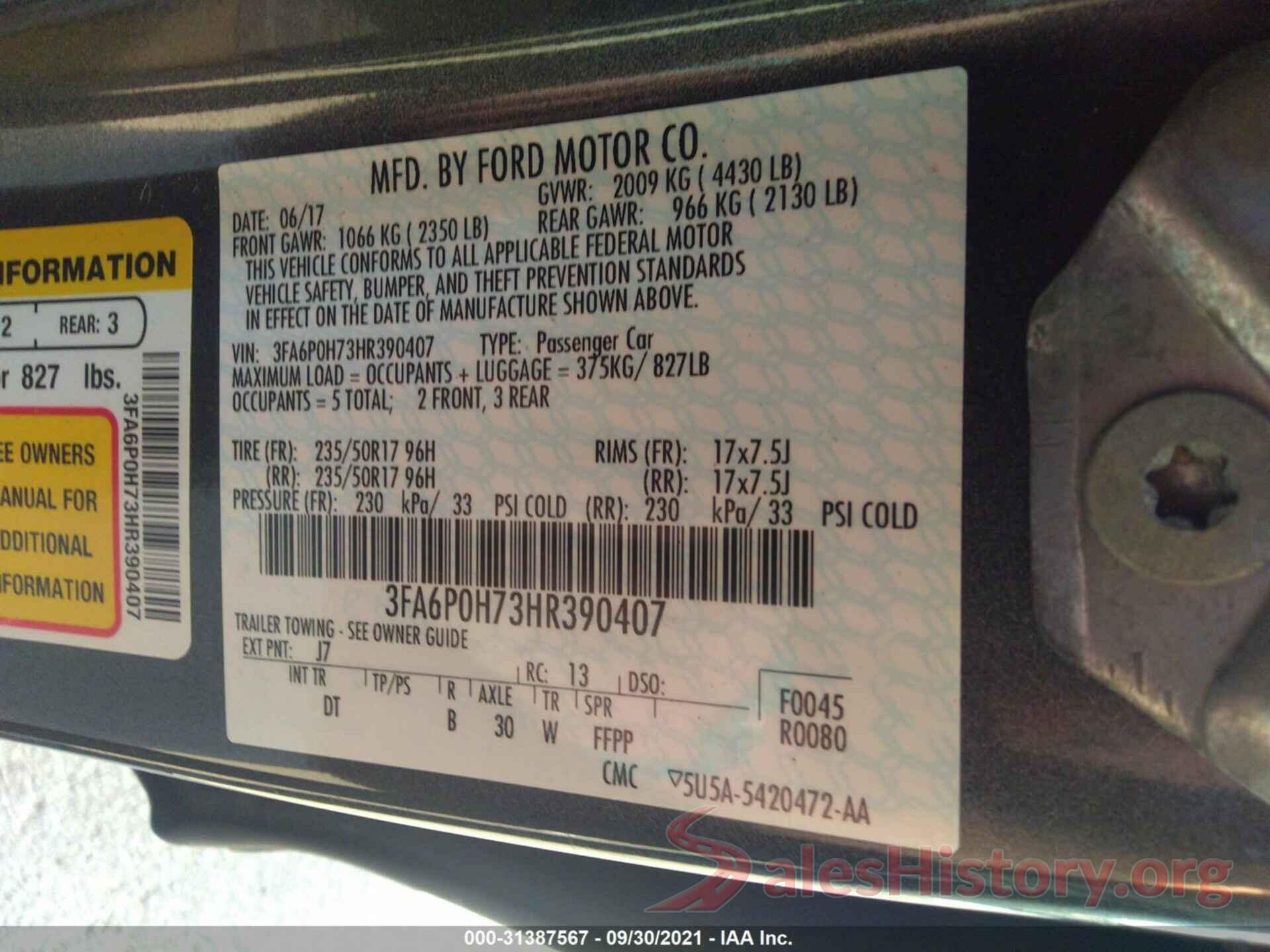 3FA6P0H73HR390407 2017 FORD FUSION