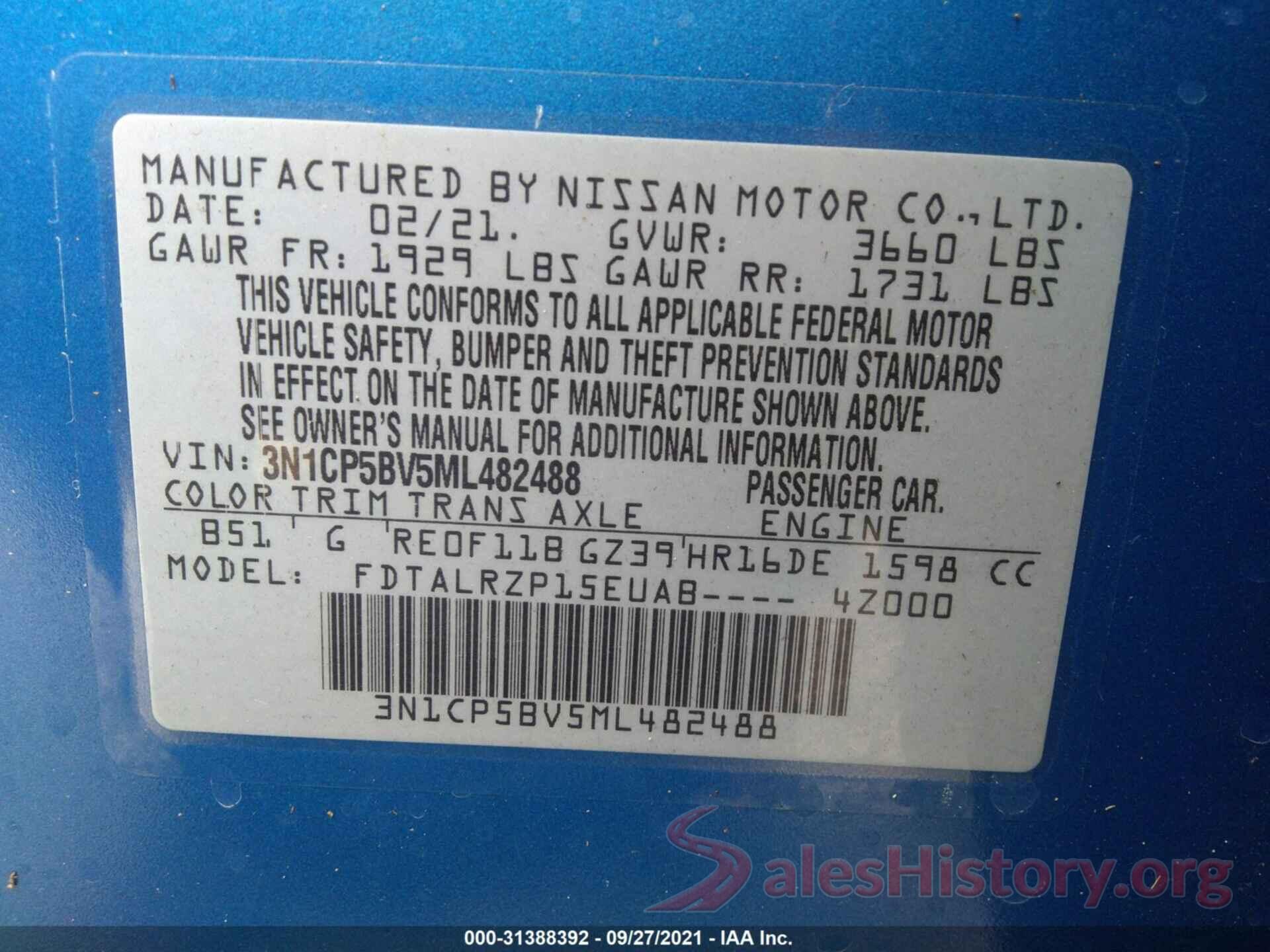 3N1CP5BV5ML482488 2021 NISSAN KICKS