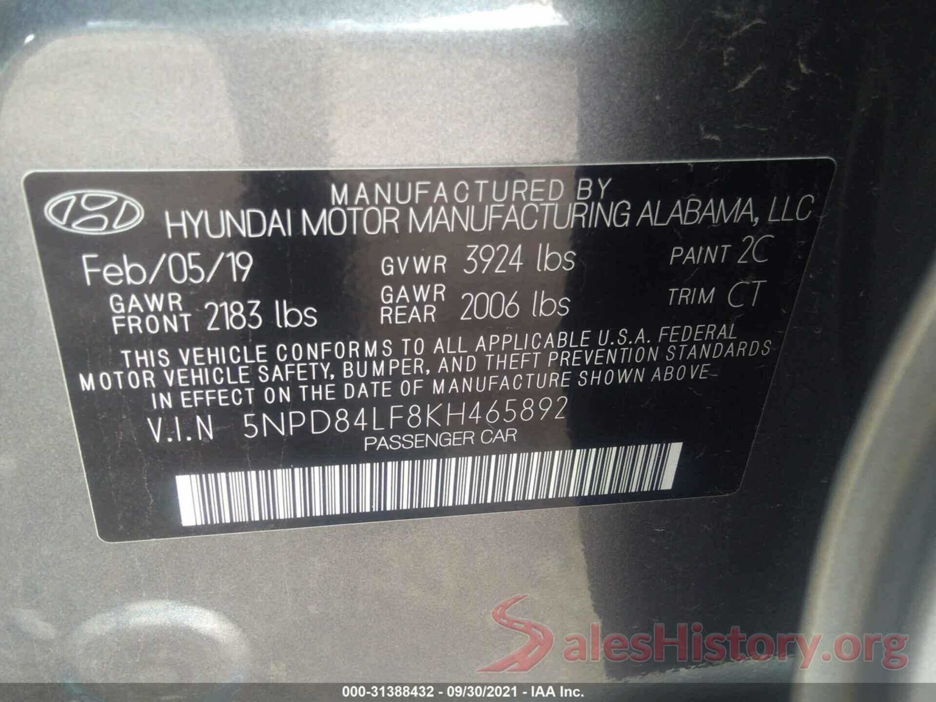 5NPD84LF8KH465892 2019 HYUNDAI ELANTRA