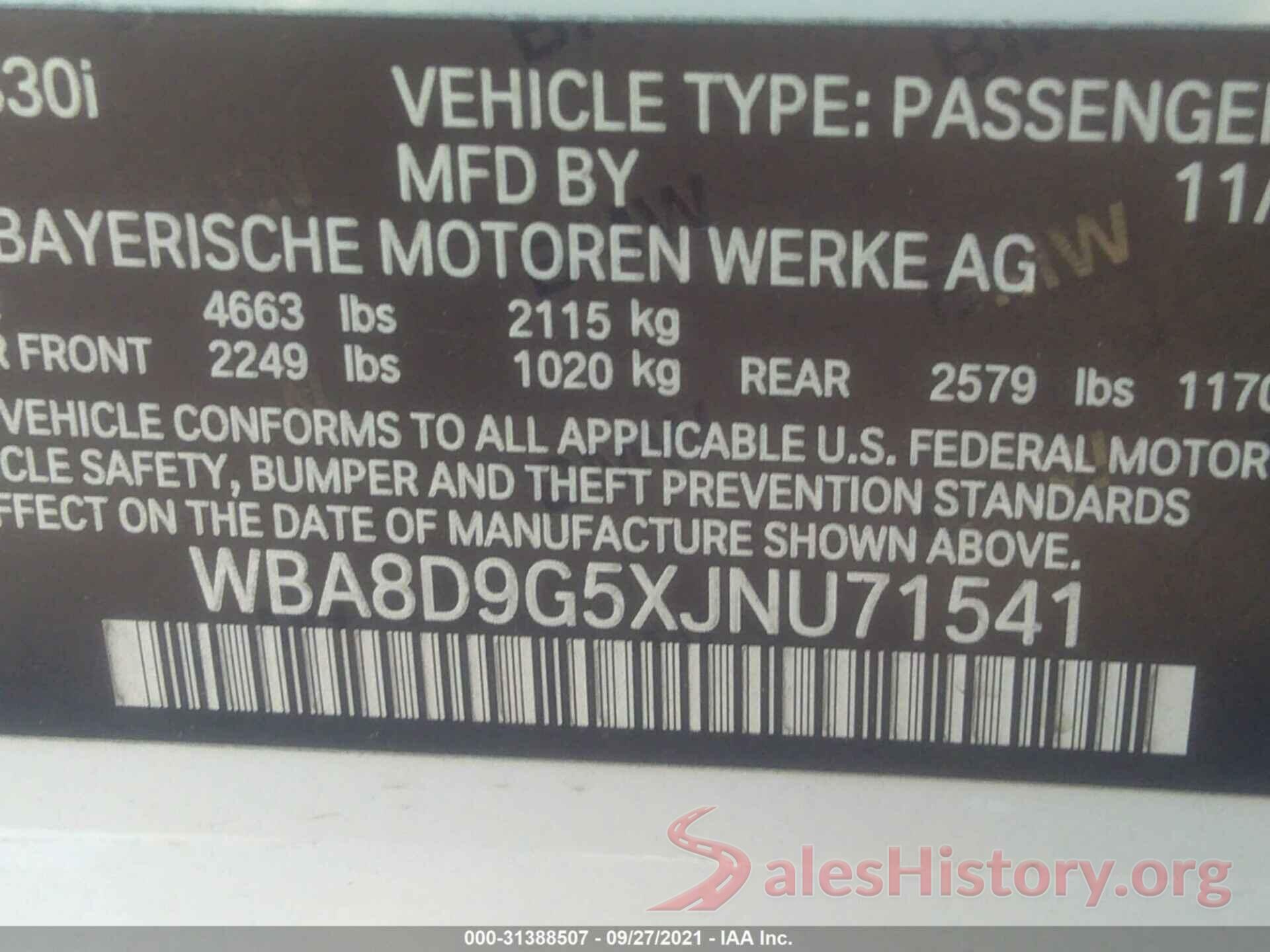 WBA8D9G5XJNU71541 2018 BMW 3 SERIES