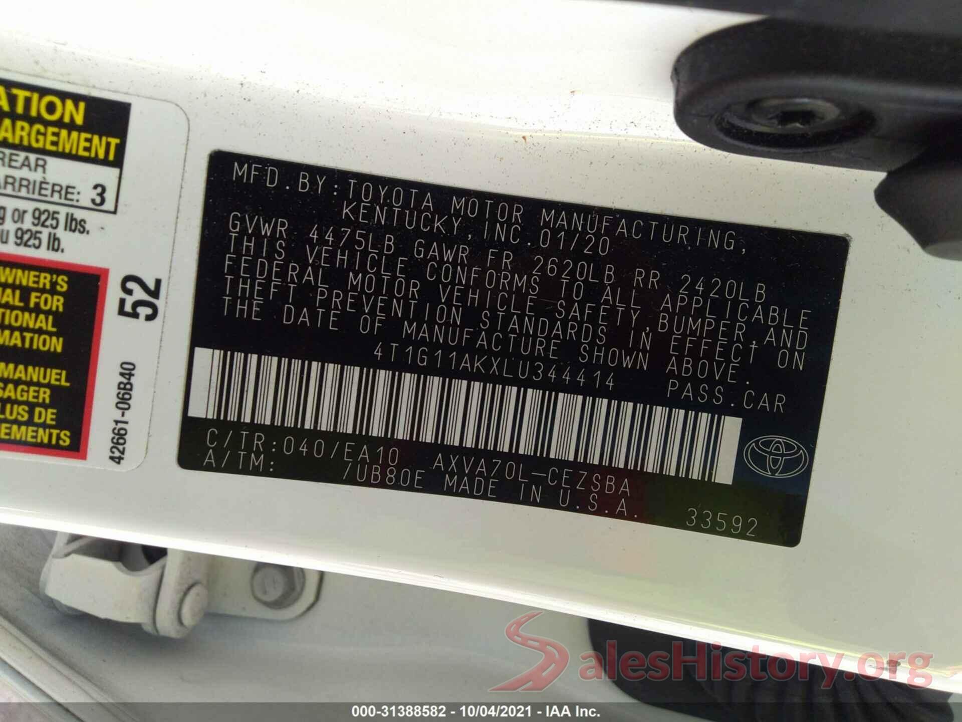 4T1G11AKXLU344414 2020 TOYOTA CAMRY