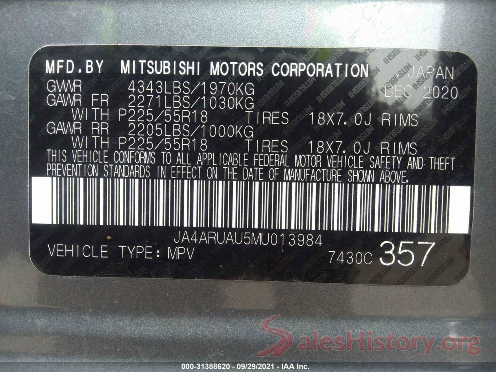 JA4ARUAU5MU013984 2021 MITSUBISHI OUTLANDER SPORT