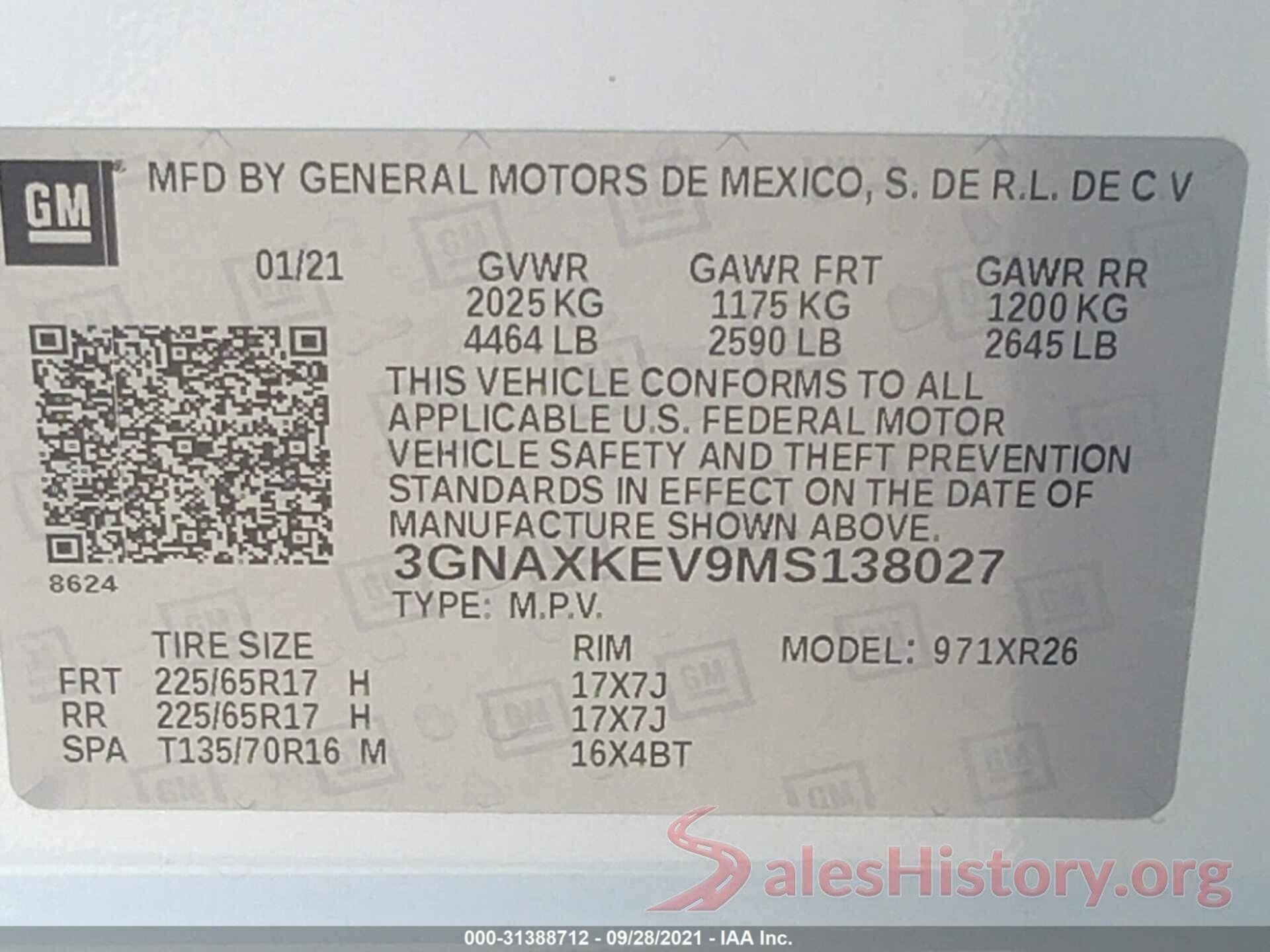 3GNAXKEV9MS138027 2021 CHEVROLET EQUINOX