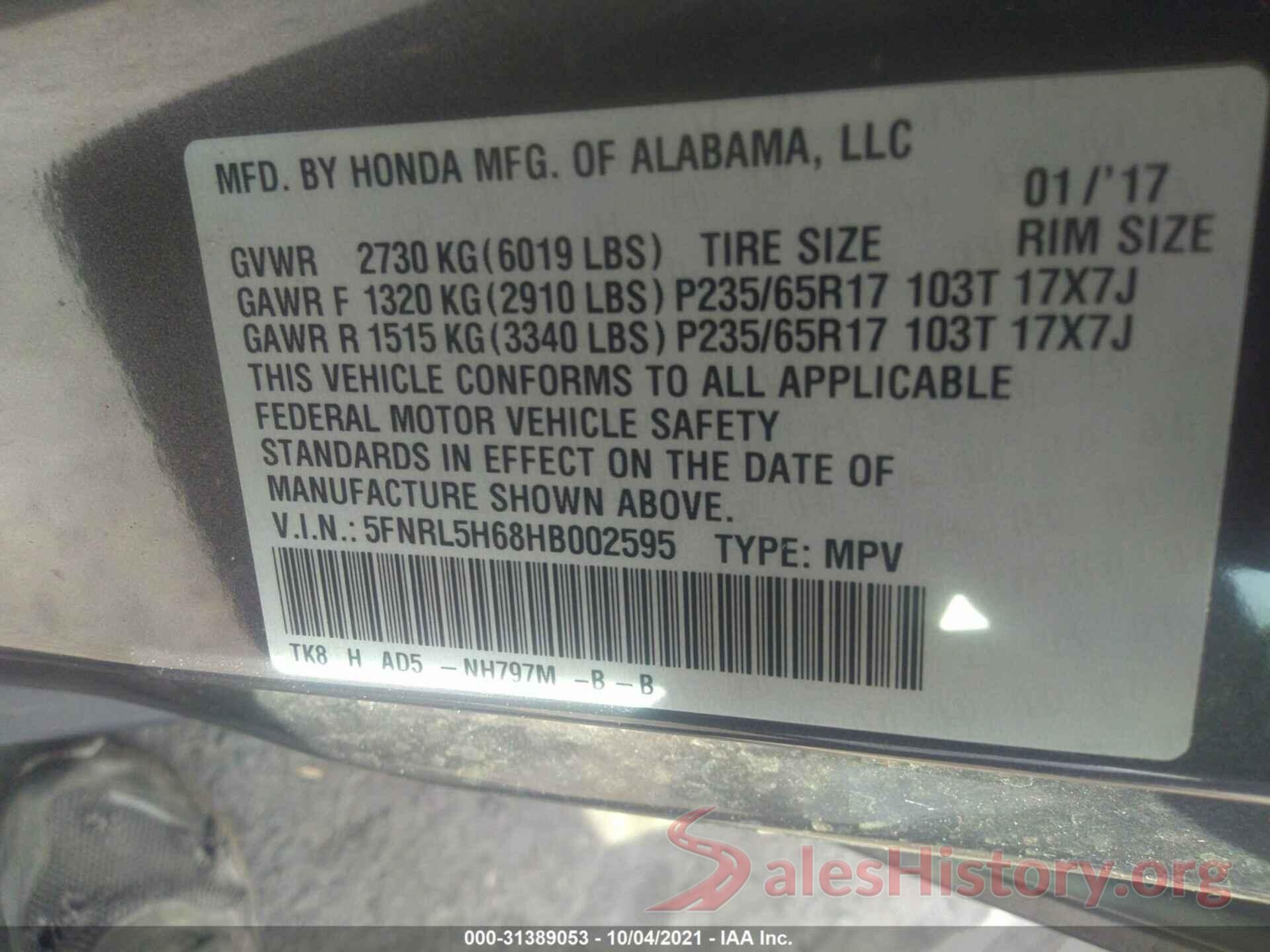 5FNRL5H68HB002595 2017 HONDA ODYSSEY