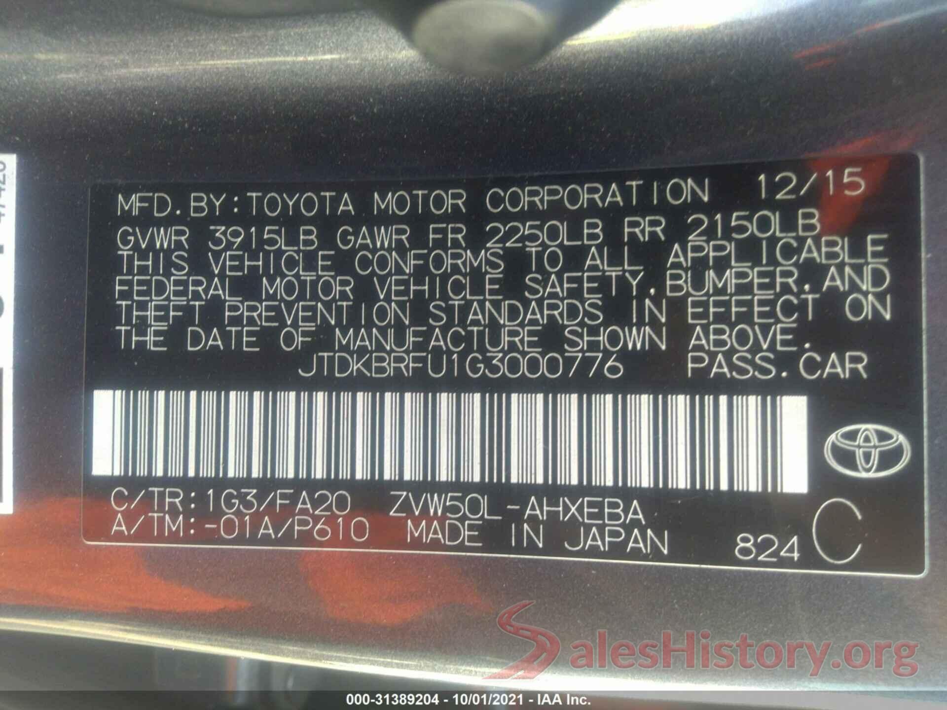 JTDKBRFU1G3000776 2016 TOYOTA PRIUS