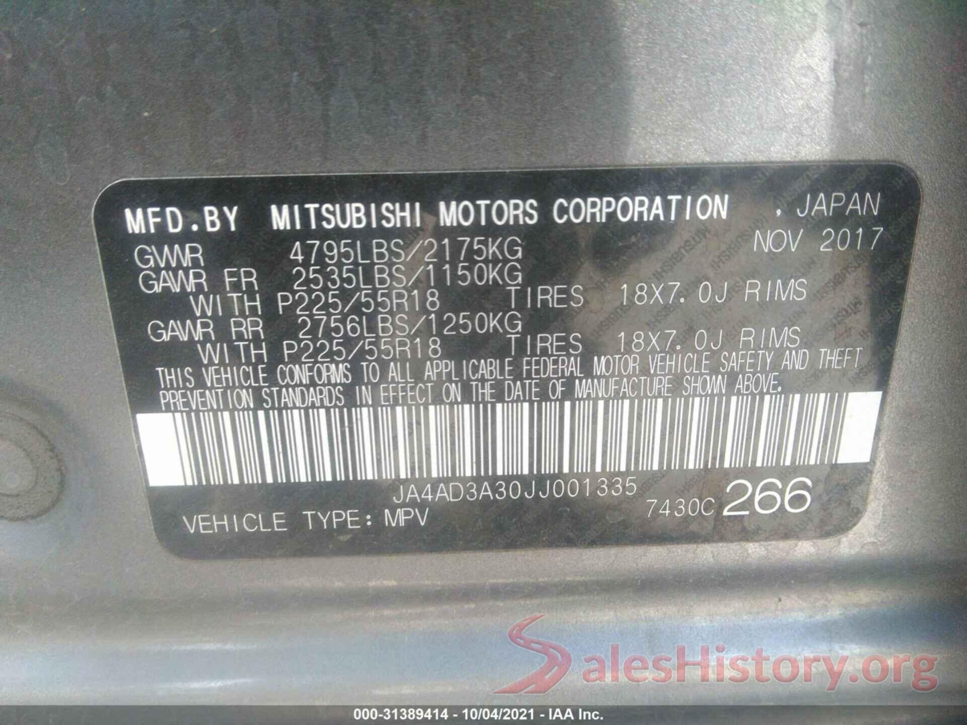 JA4AD3A30JJ001335 2018 MITSUBISHI OUTLANDER