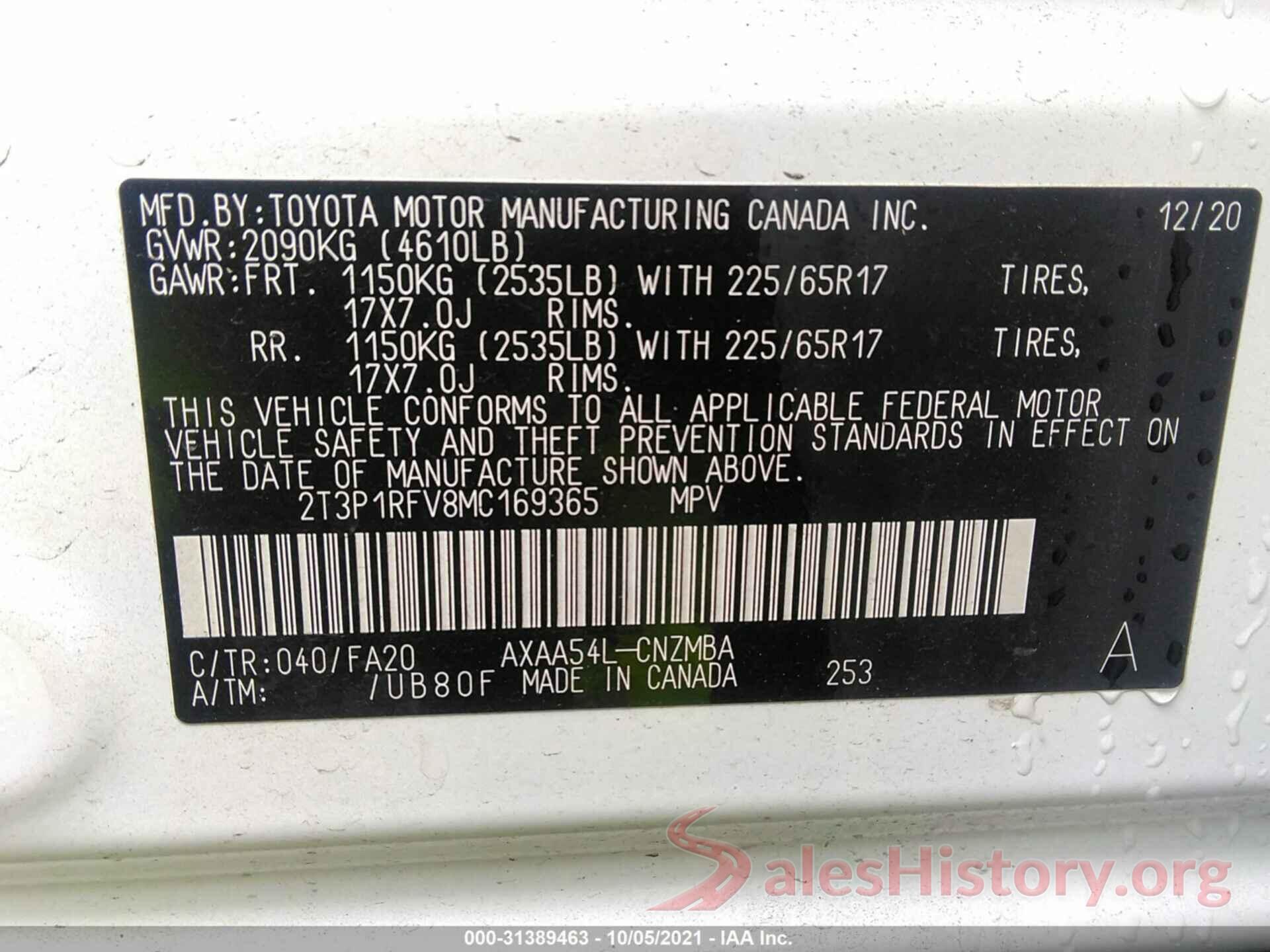 2T3P1RFV8MC169365 2021 TOYOTA RAV4