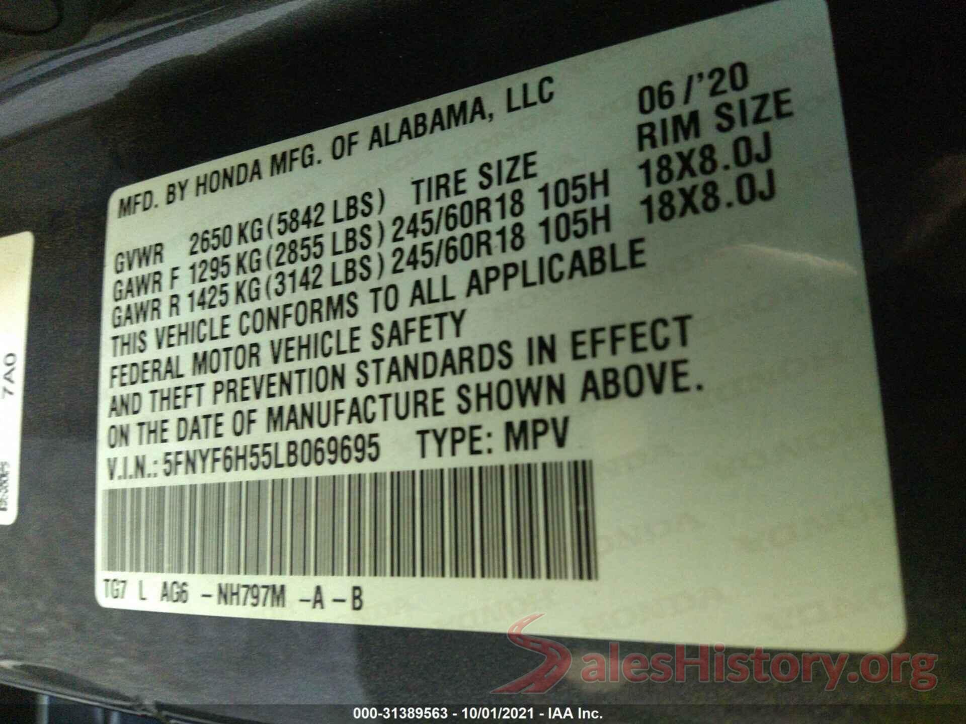 5FNYF6H55LB069695 2020 HONDA PILOT