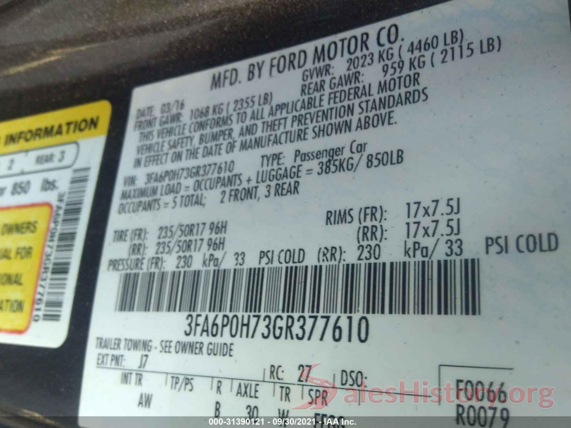 3FA6P0H73GR377610 2016 FORD FUSION