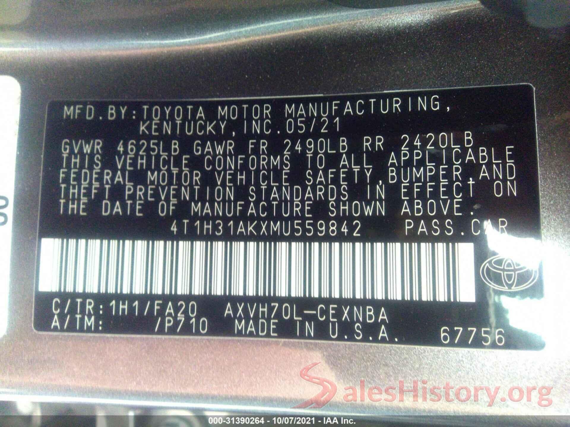 4T1H31AKXMU559842 2021 TOYOTA CAMRY