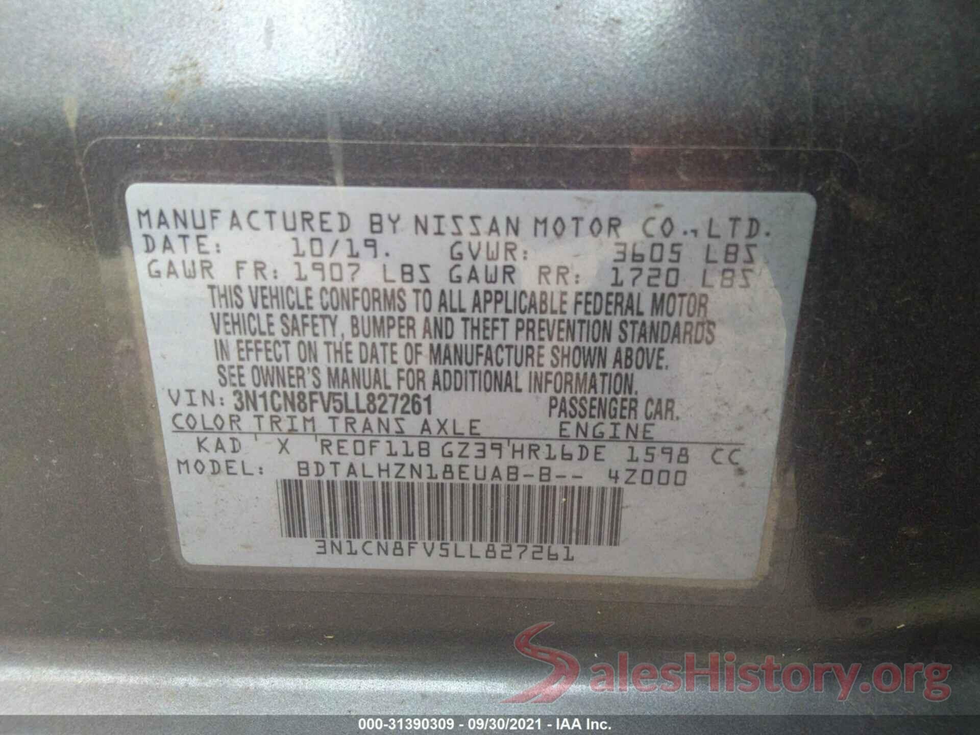 3N1CN8FV5LL827261 2020 NISSAN VERSA