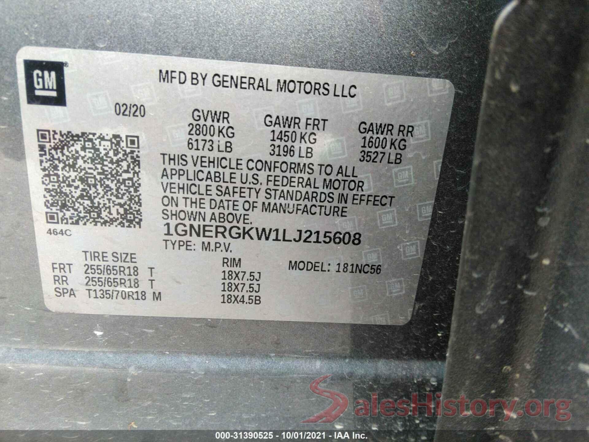 1GNERGKW1LJ215608 2020 CHEVROLET TRAVERSE