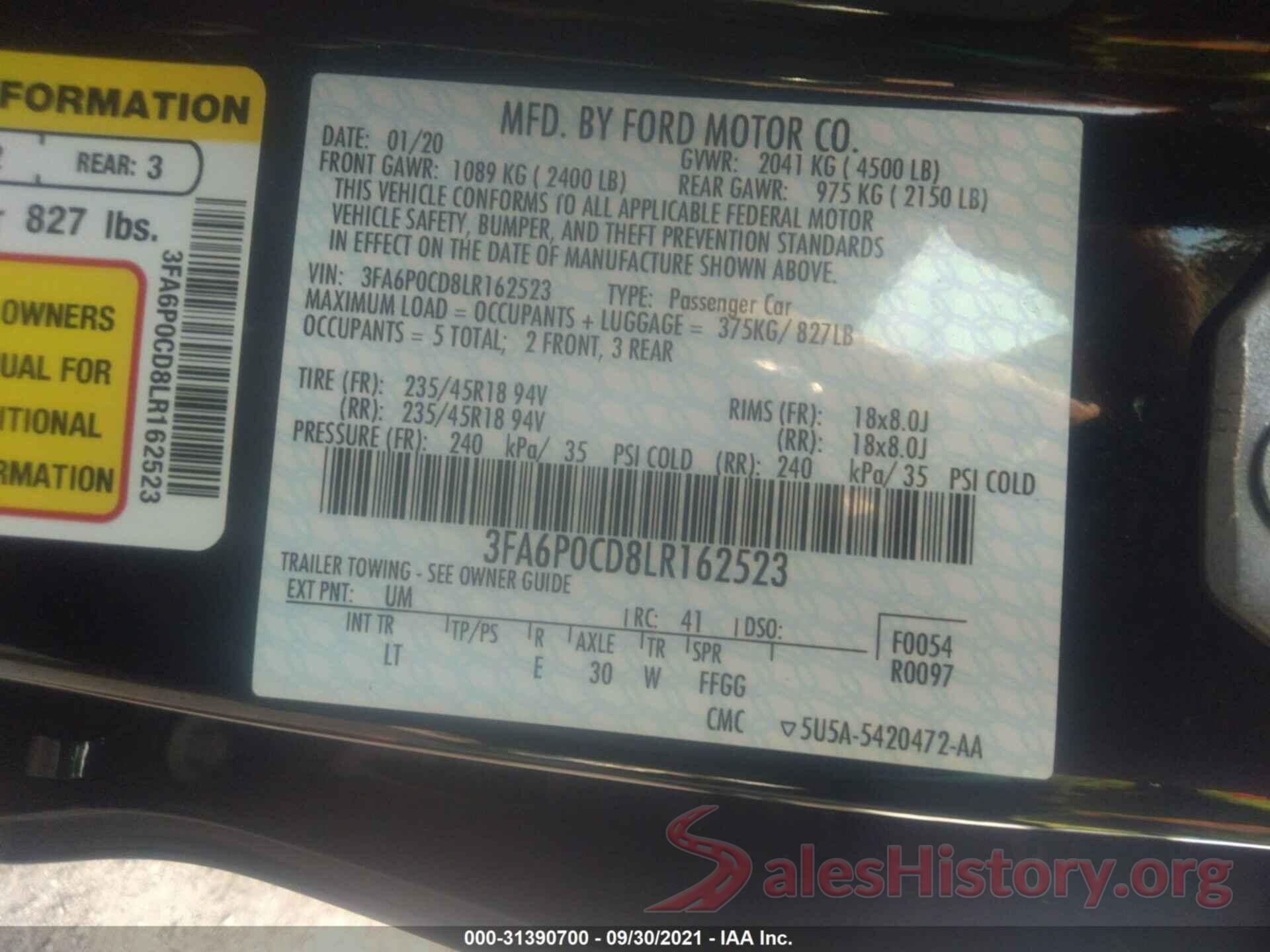 3FA6P0CD8LR162523 2020 FORD FUSION