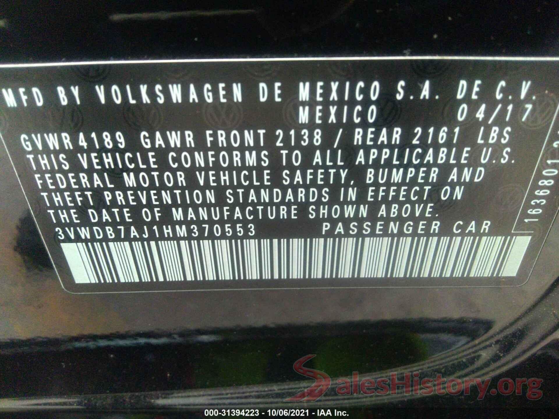 3VWDB7AJ1HM370553 2017 VOLKSWAGEN JETTA