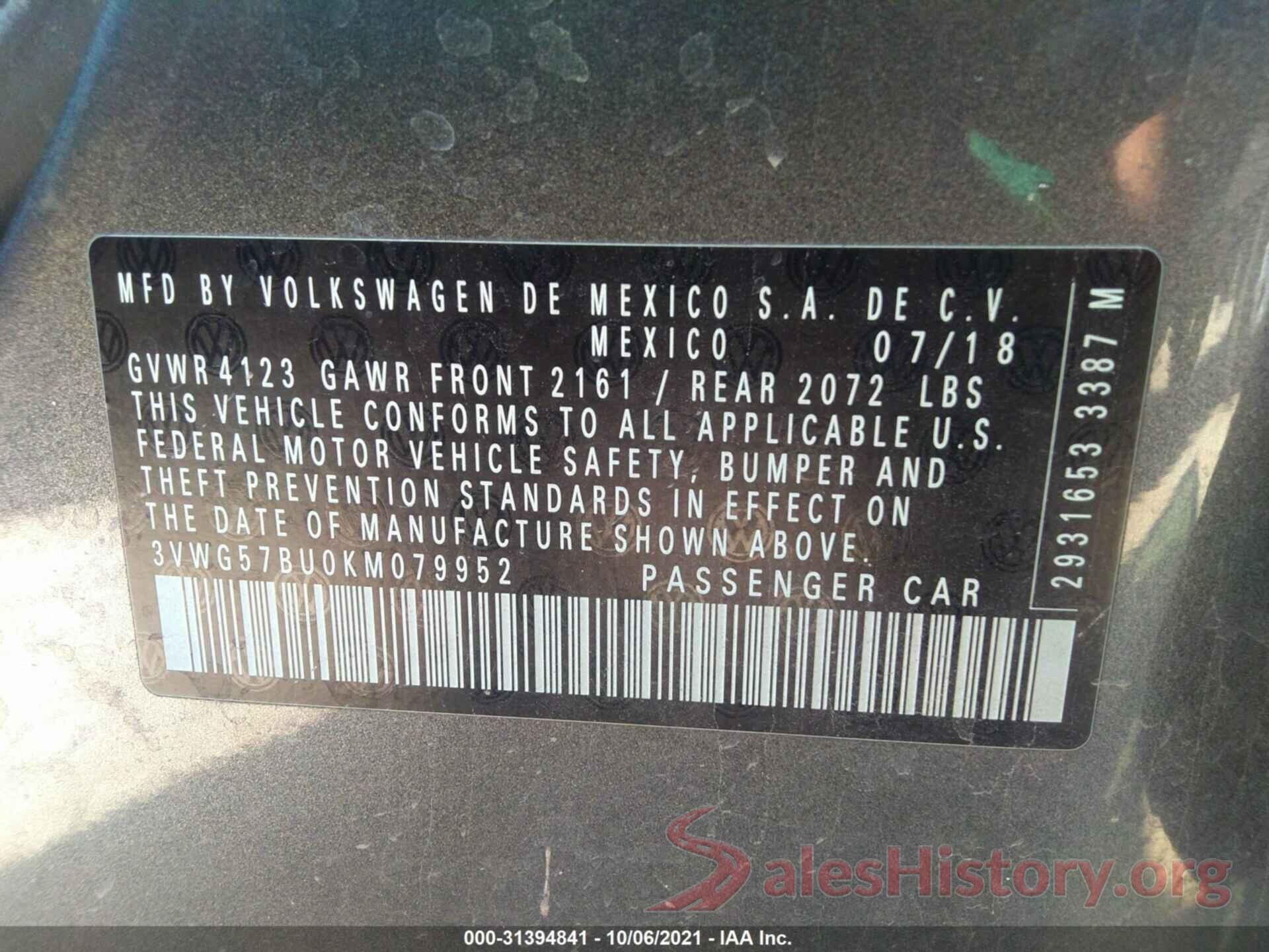 3VWG57BU0KM079952 2019 VOLKSWAGEN JETTA