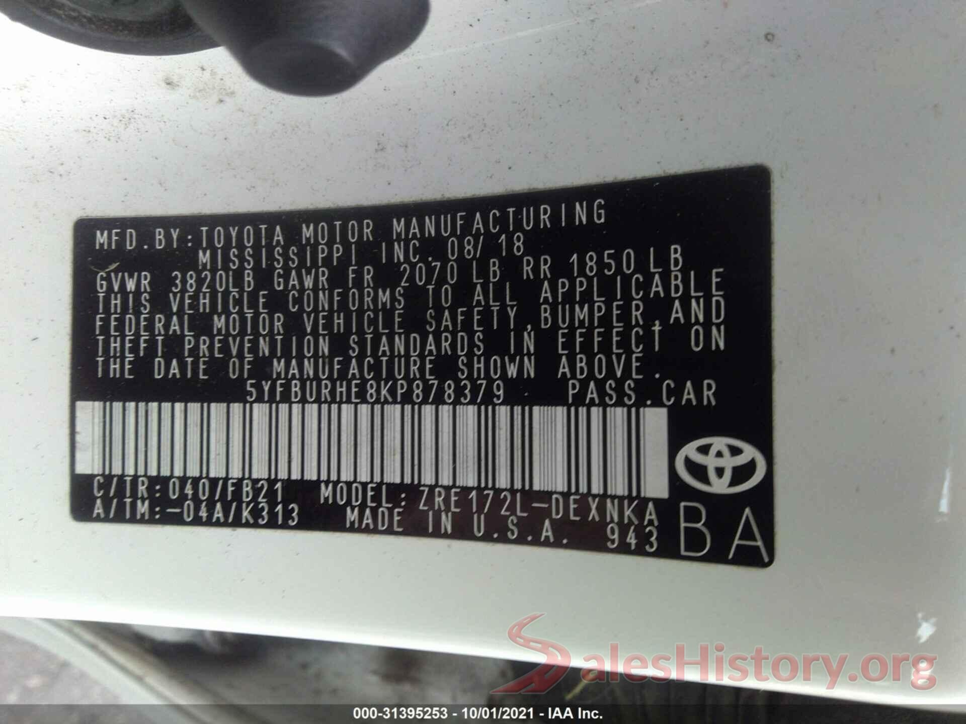 5YFBURHE8KP878379 2019 TOYOTA COROLLA