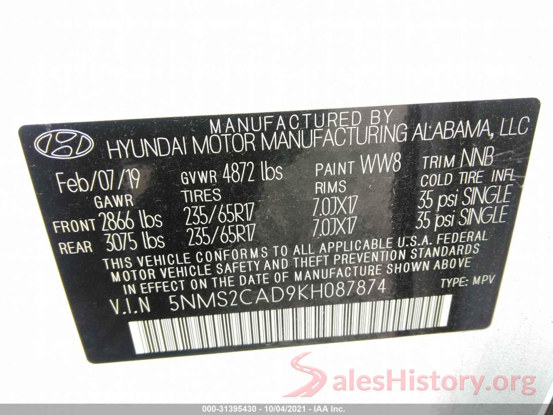 5NMS2CAD9KH087874 2019 HYUNDAI SANTA FE