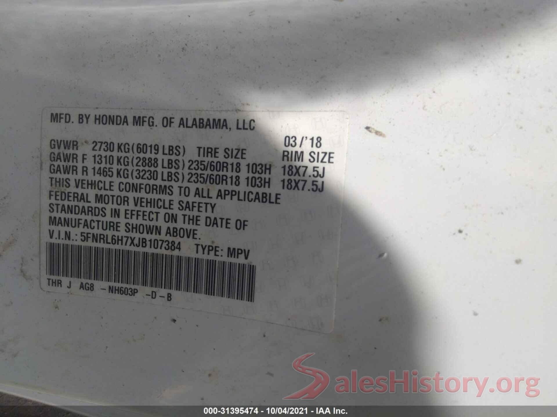 5FNRL6H7XJB107384 2018 HONDA ODYSSEY