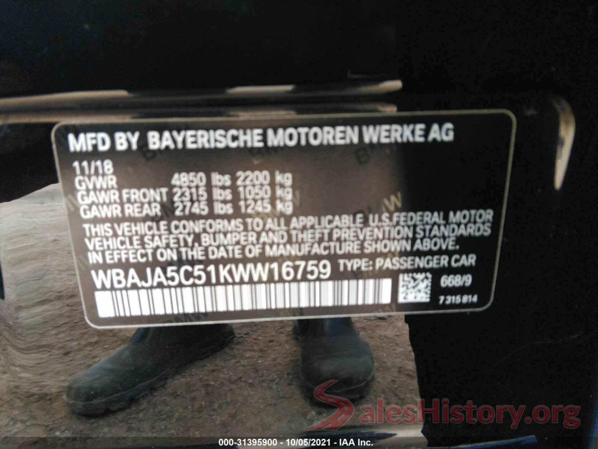 WBAJA5C51KWW16759 2019 BMW 5 SERIES