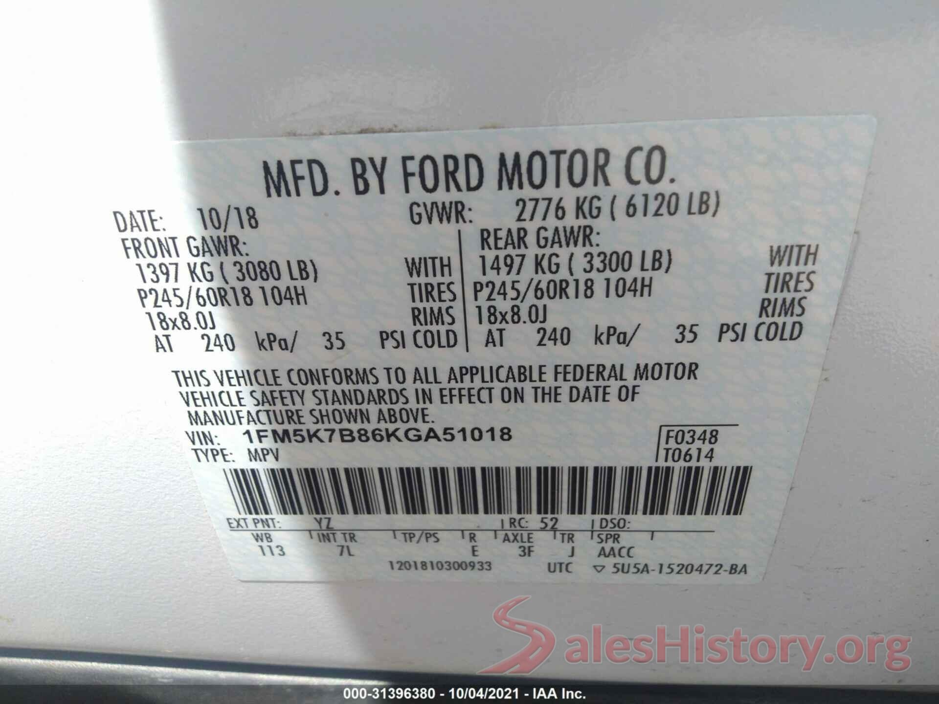 1FM5K7B86KGA51018 2019 FORD EXPLORER