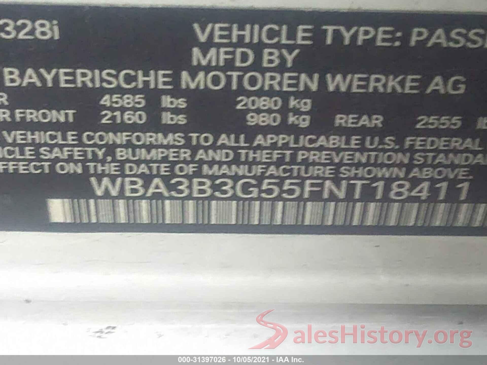 WBA3B3G55FNT18411 2015 BMW 3 SERIES