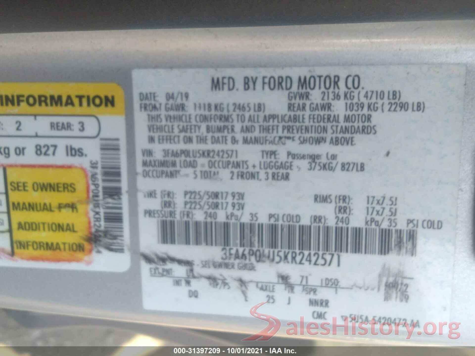 3FA6P0LU5KR242571 2019 FORD FUSION HYBRID