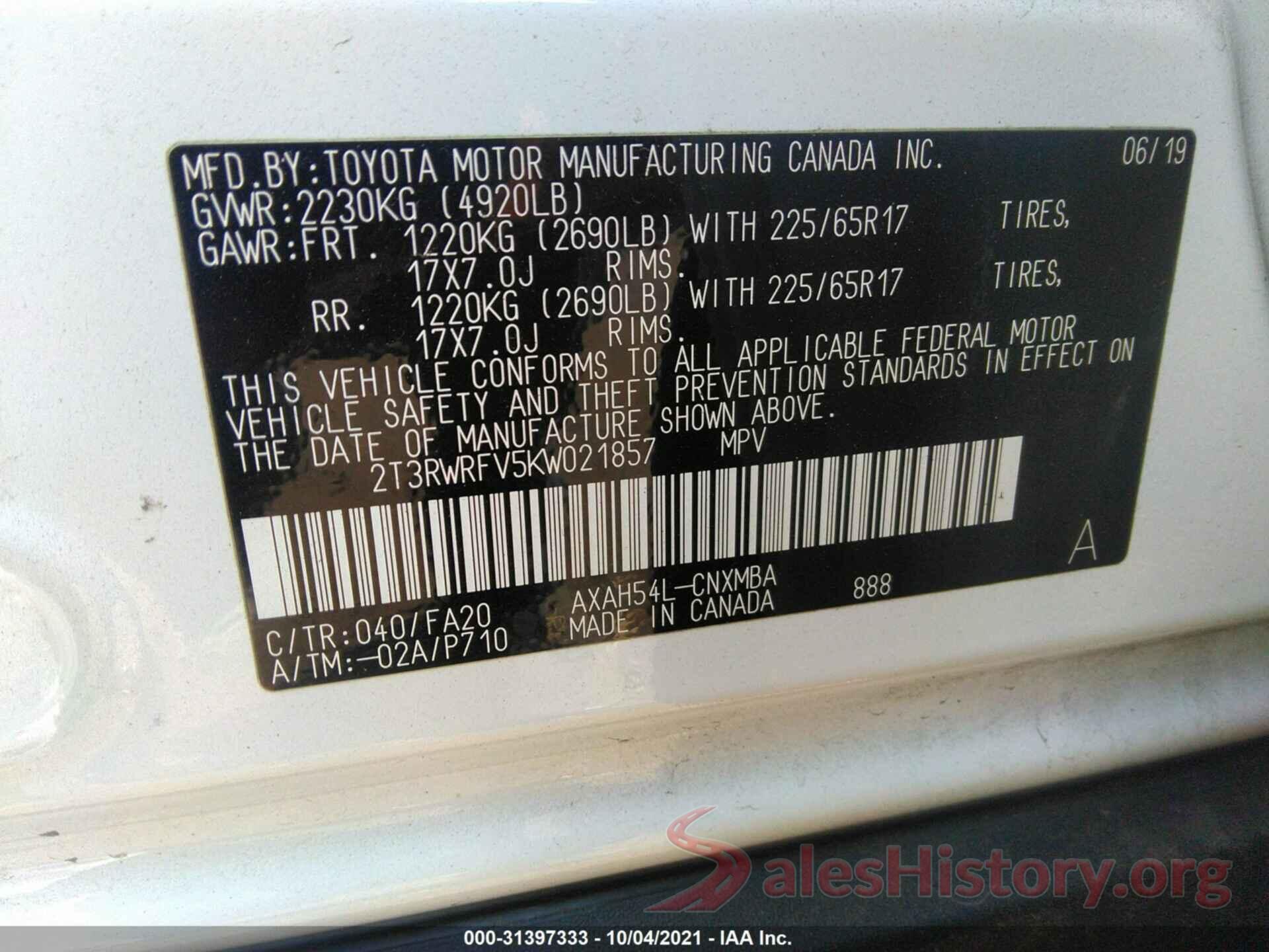 2T3RWRFV5KW021857 2019 TOYOTA RAV4