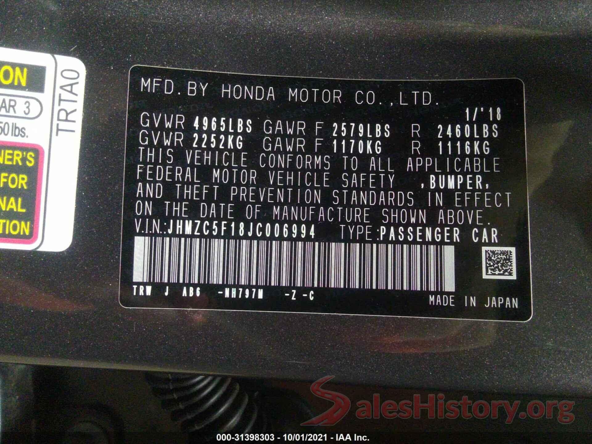 JHMZC5F18JC006994 2018 HONDA CLARITY PLUG-IN HYBRID