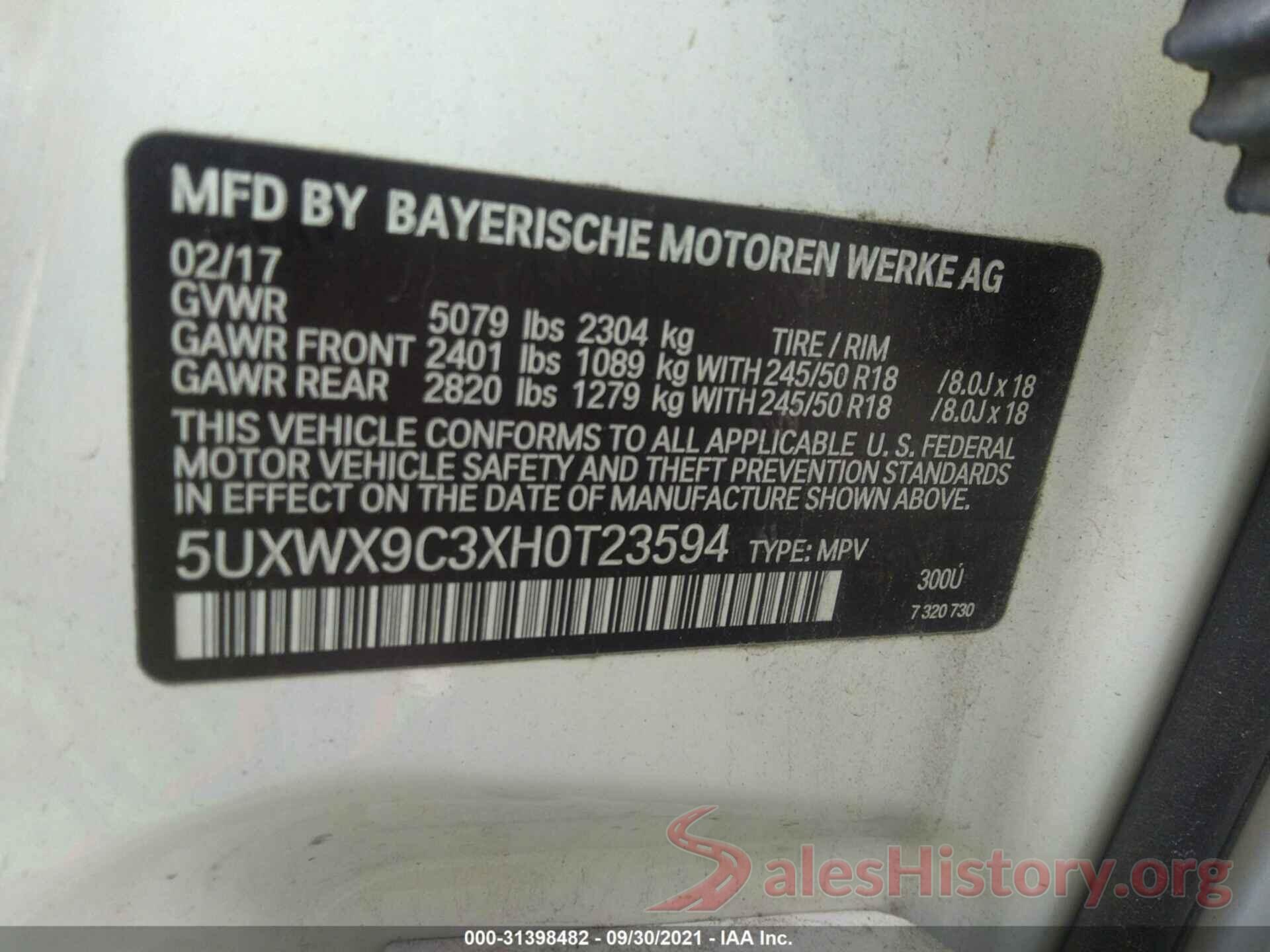 5UXWX9C3XH0T23594 2017 BMW X3