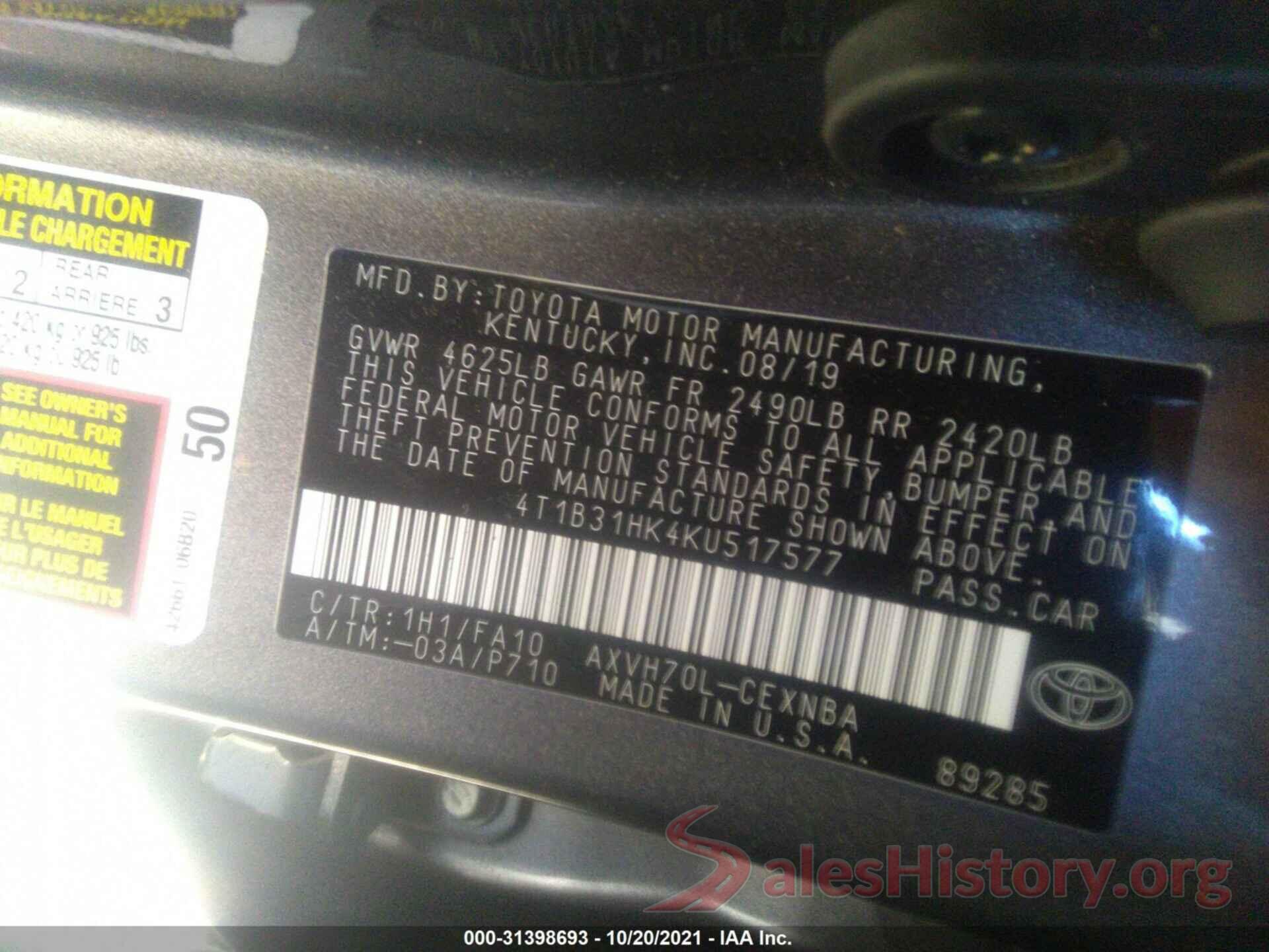 4T1B31HK4KU517577 2019 TOYOTA CAMRY