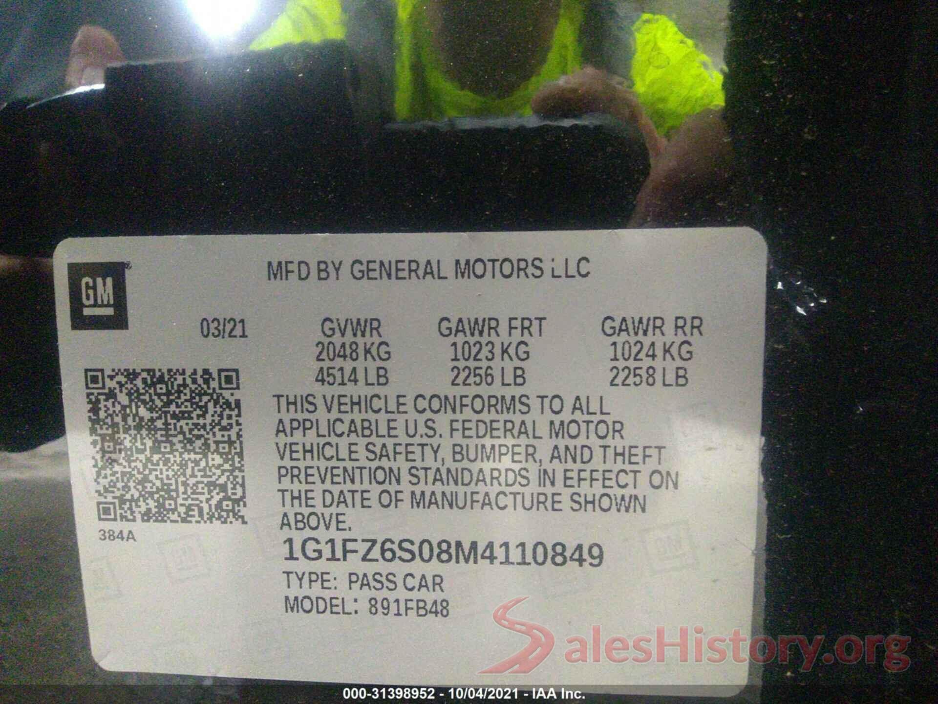 1G1FZ6S08M4110849 2021 CHEVROLET BOLT EV