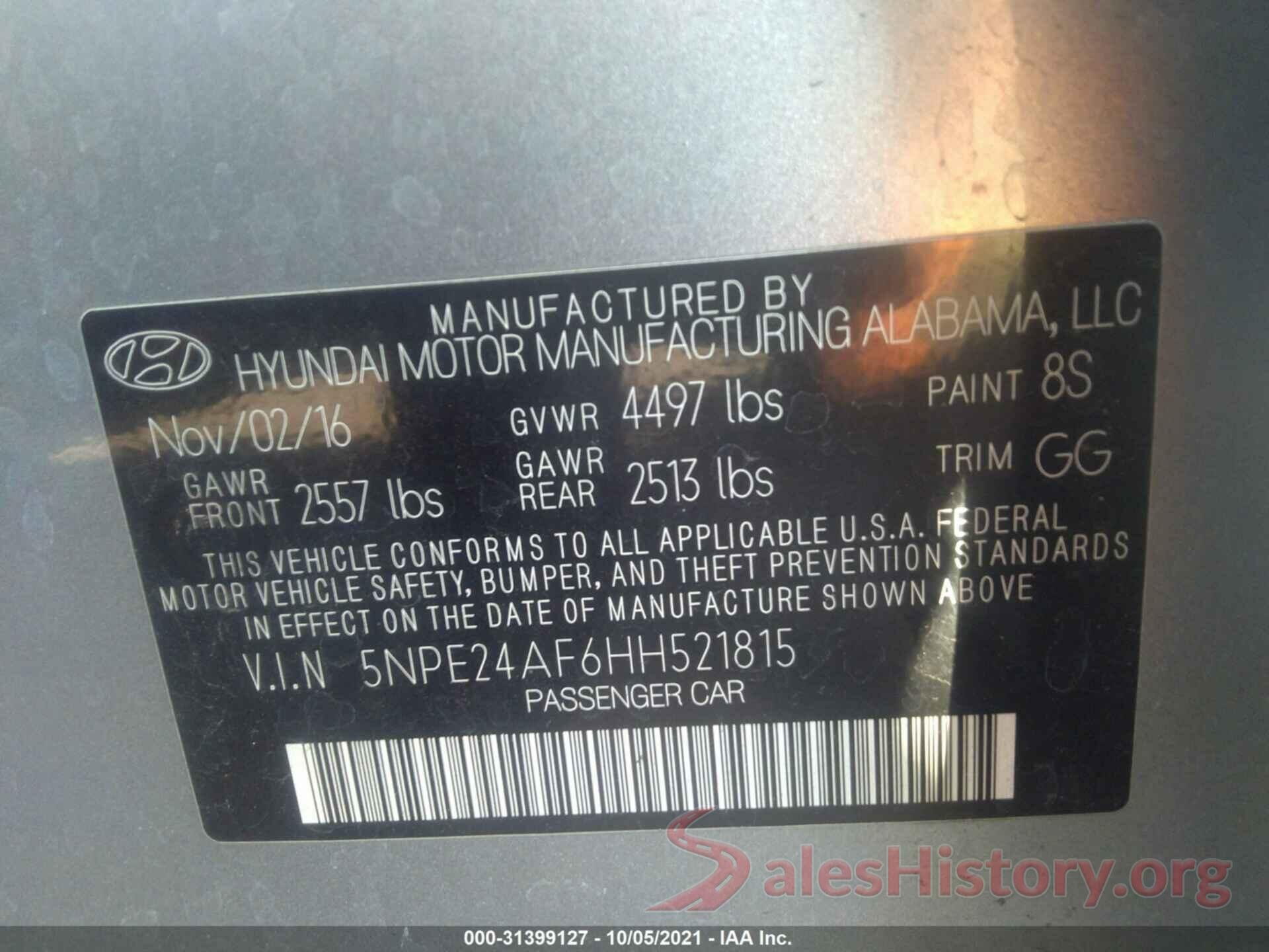 5NPE24AF6HH521815 2017 HYUNDAI SONATA