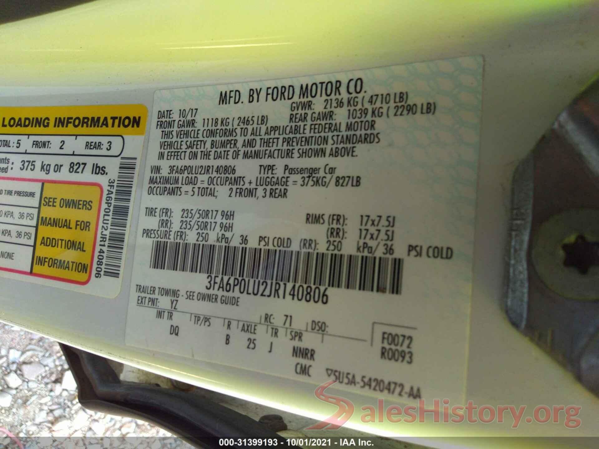 3FA6P0LU2JR140806 2018 FORD FUSION HYBRID