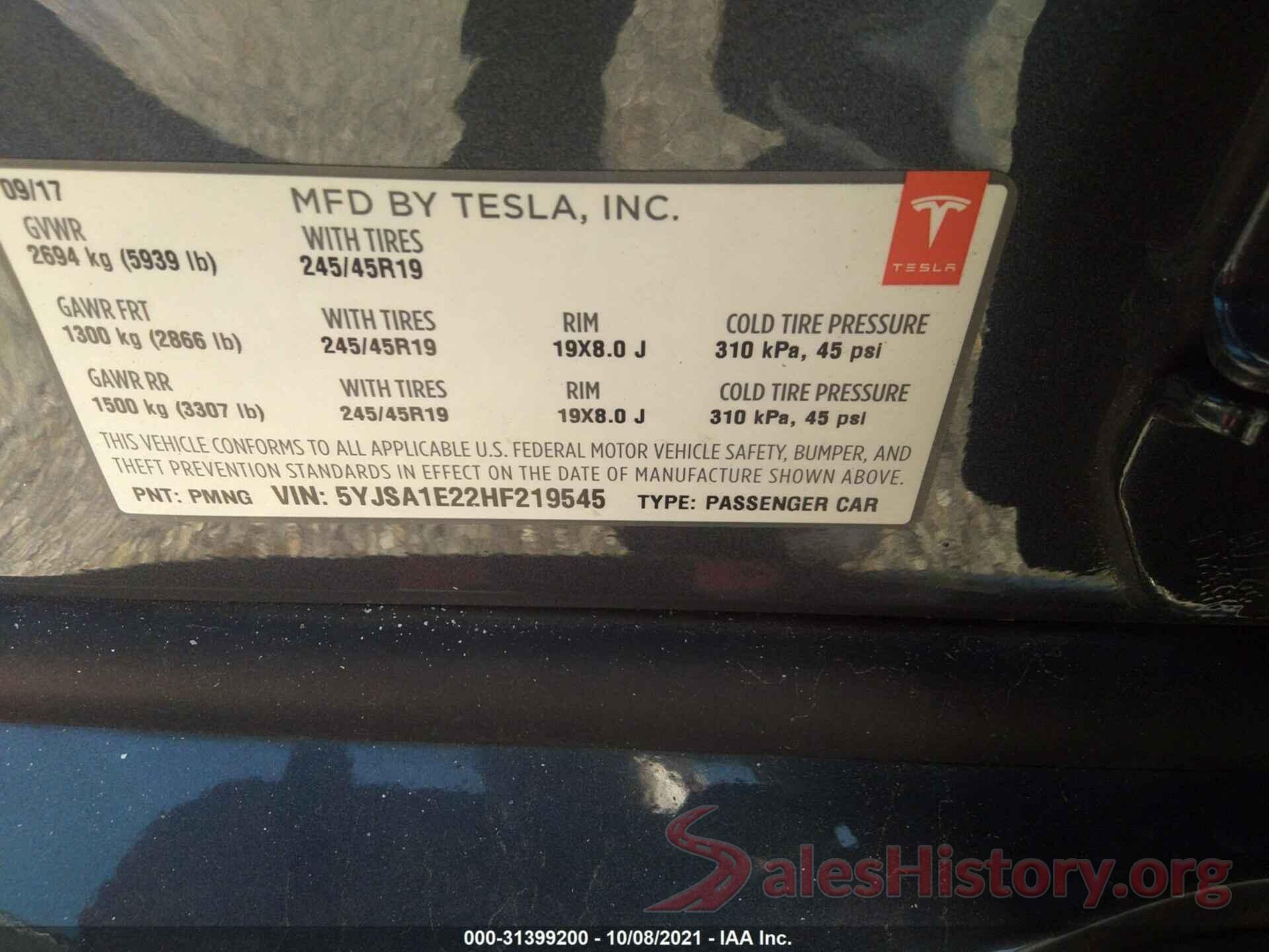 5YJSA1E22HF219545 2017 TESLA MODEL S