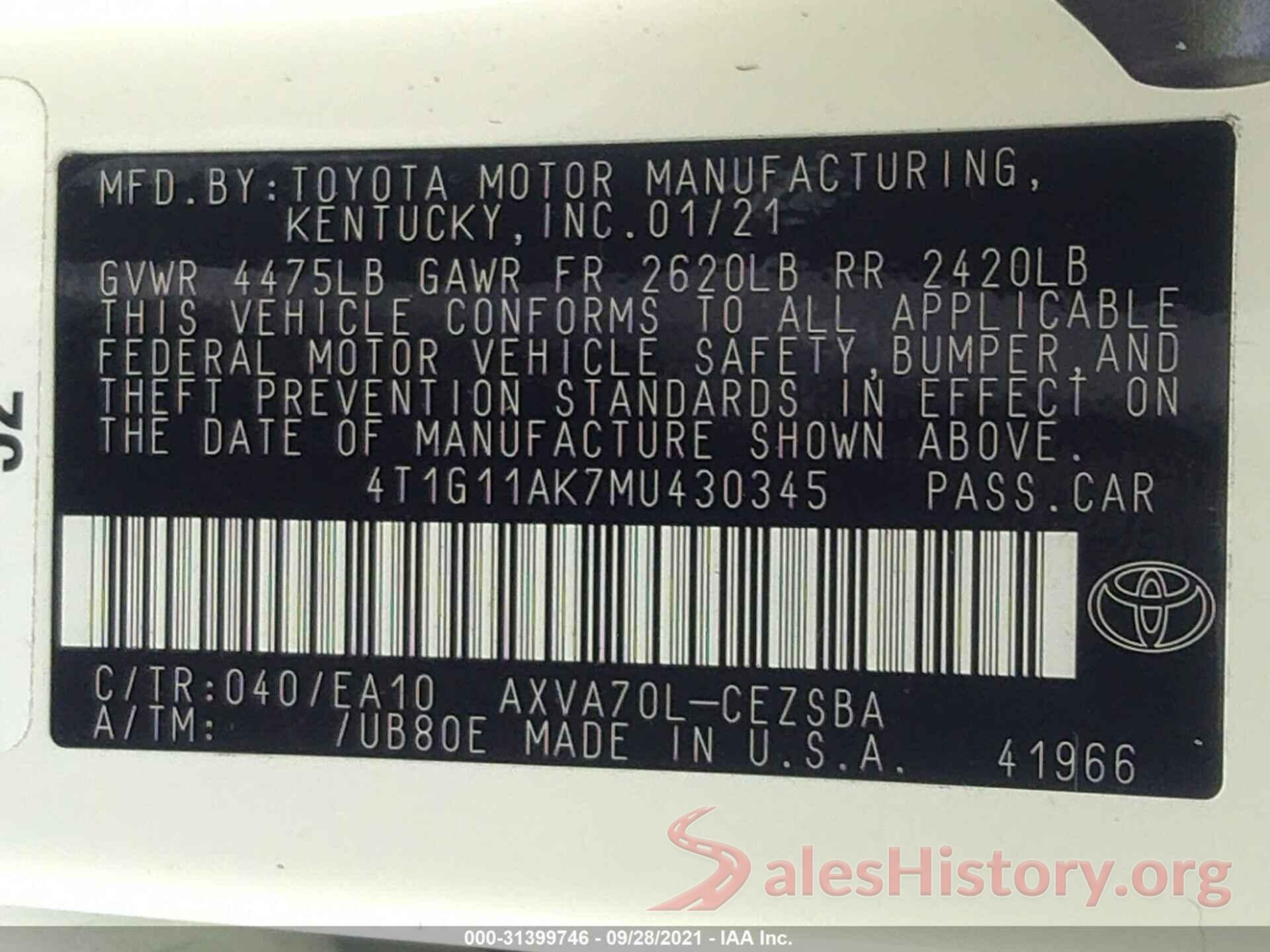 4T1G11AK7MU430345 2021 TOYOTA CAMRY