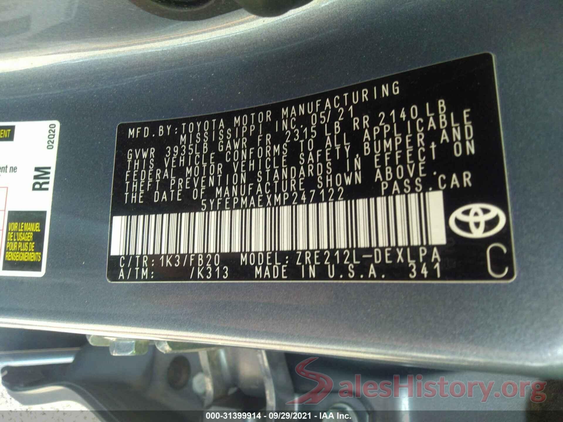 5YFEPMAEXMP247122 2021 TOYOTA COROLLA