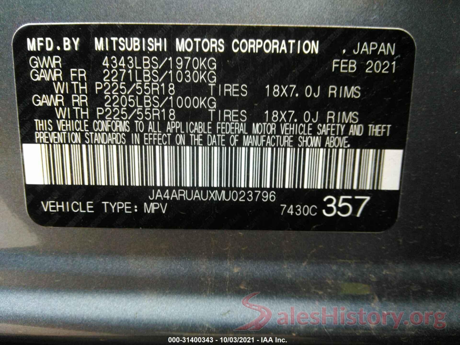 JA4ARUAUXMU023796 2021 MITSUBISHI OUTLANDER SPORT