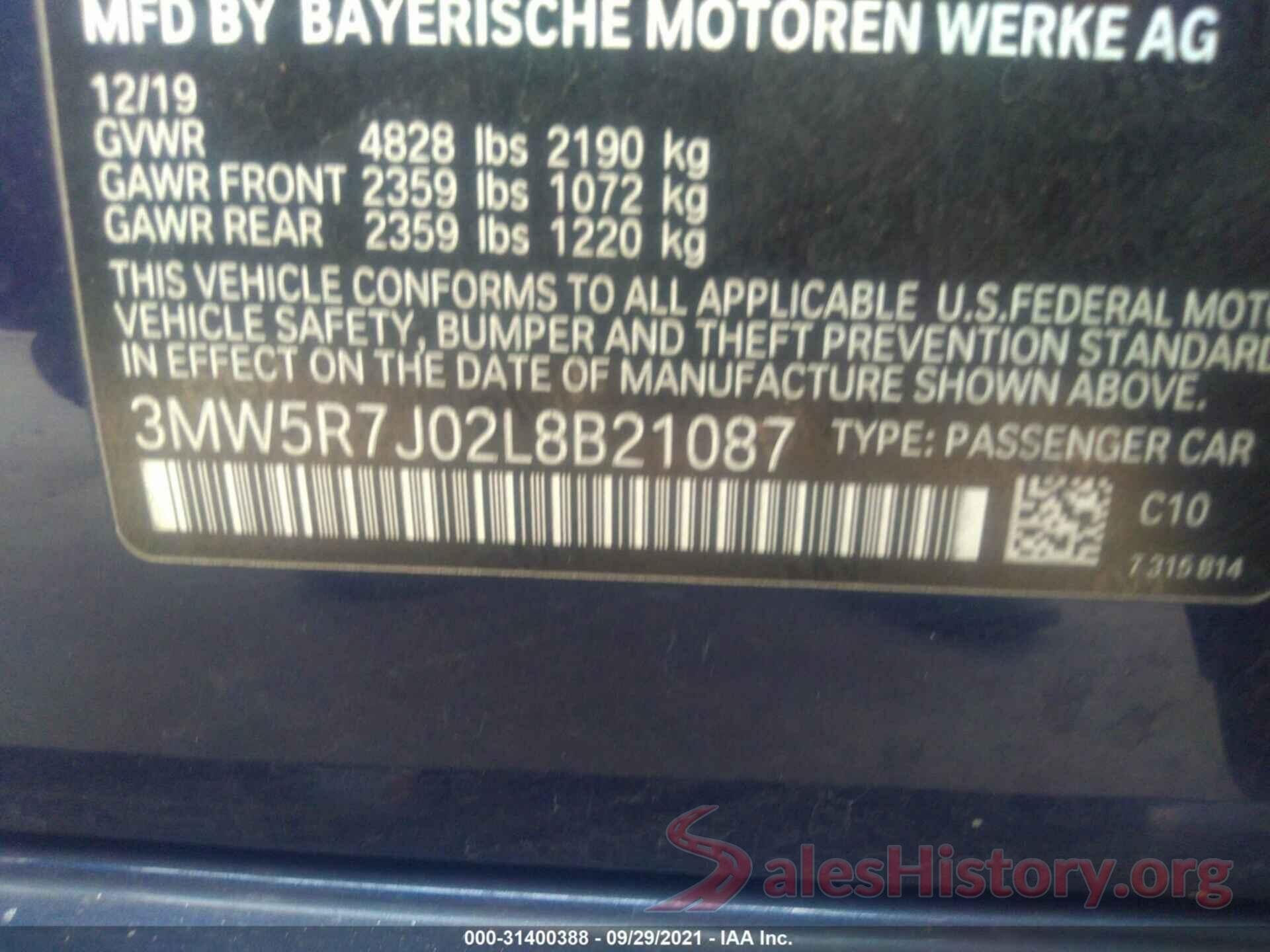 3MW5R7J02L8B21087 2020 BMW 3 SERIES