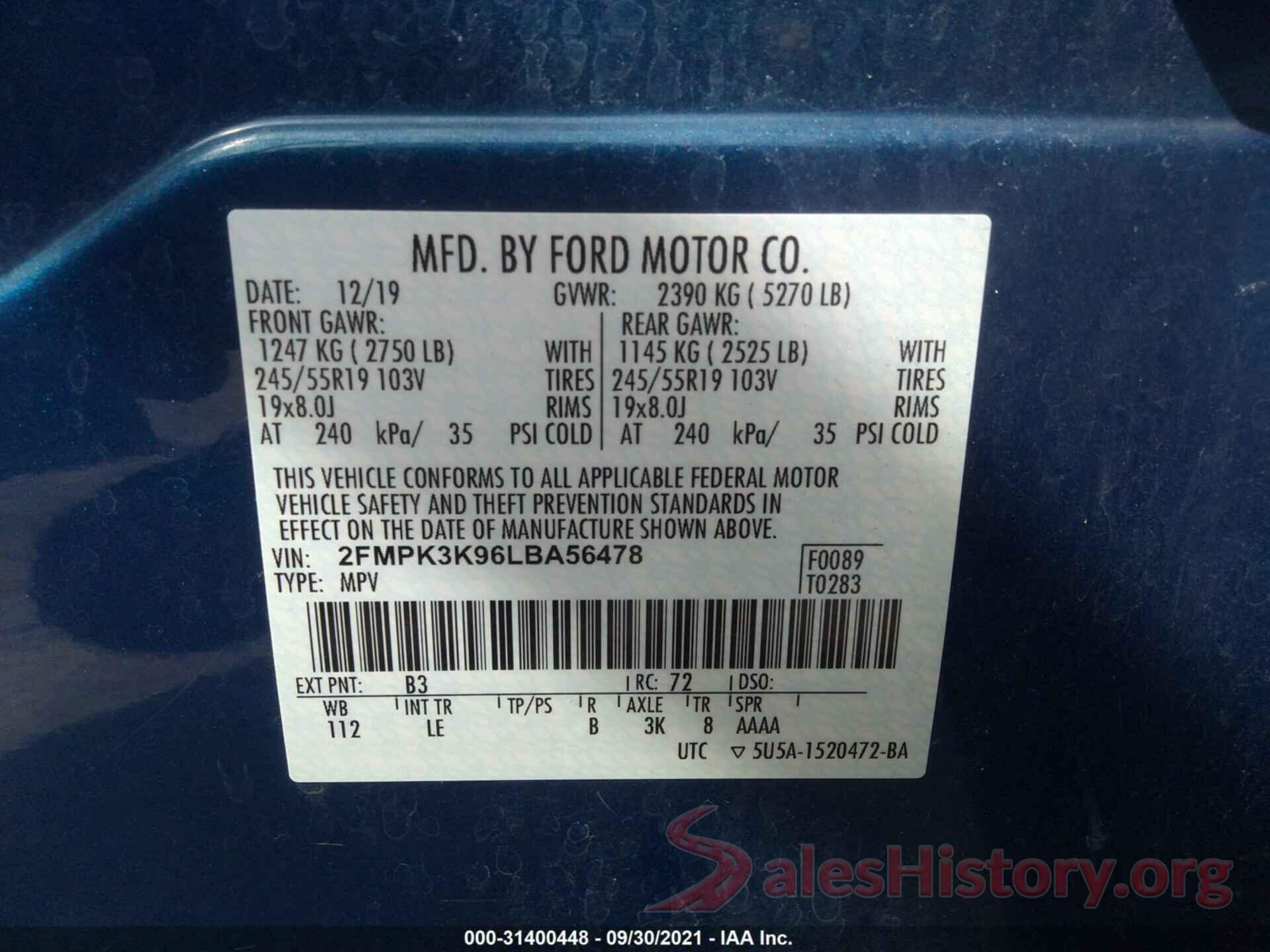 2FMPK3K96LBA56478 2020 FORD EDGE